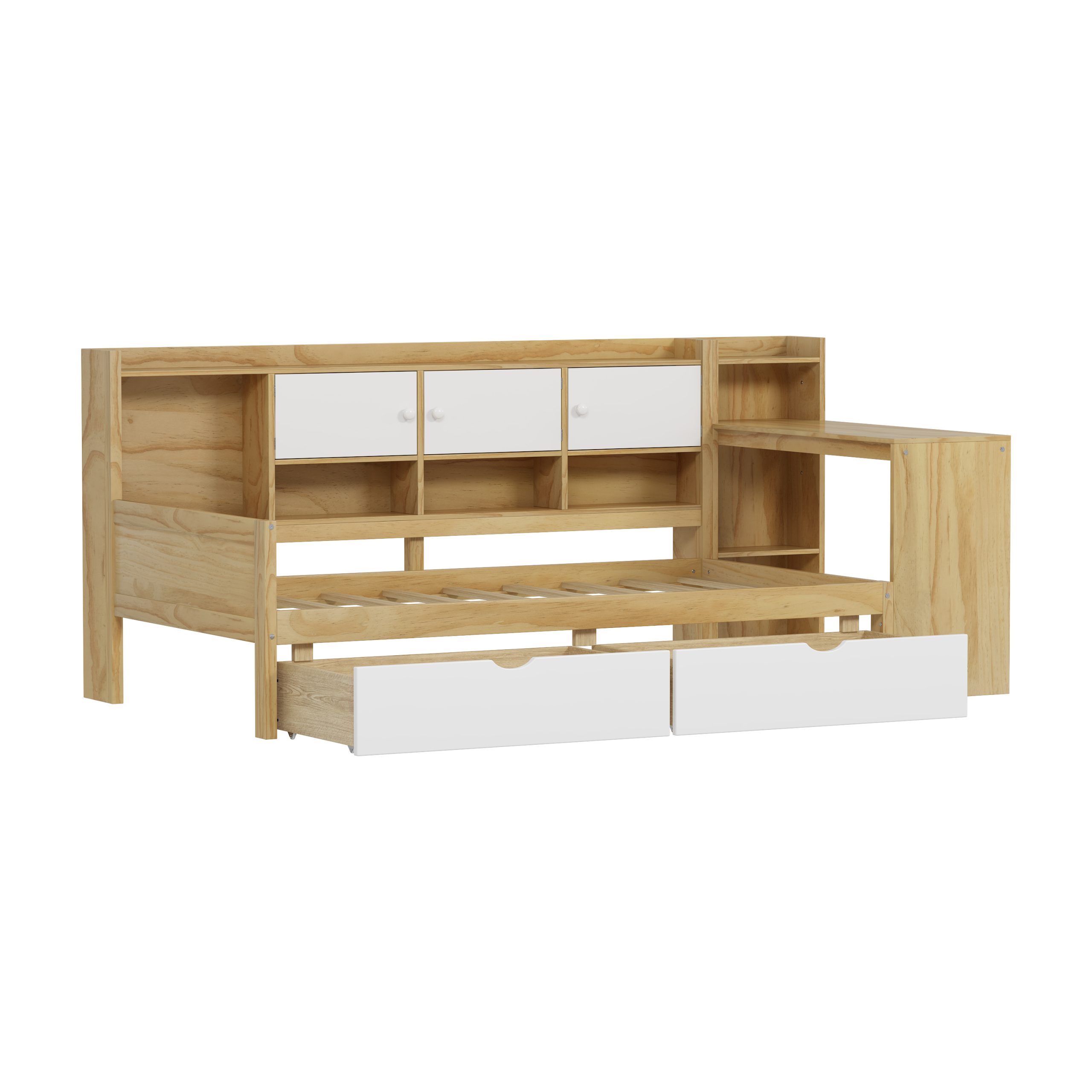 Wooden L-Shape Daybed with Seven Storage Cabinets and Two Storage Drawers, Multi-functional Bed with Study Desk and Built-in Bookshelf, Natural+White (Old SKU:N733S247070M) - Image 5