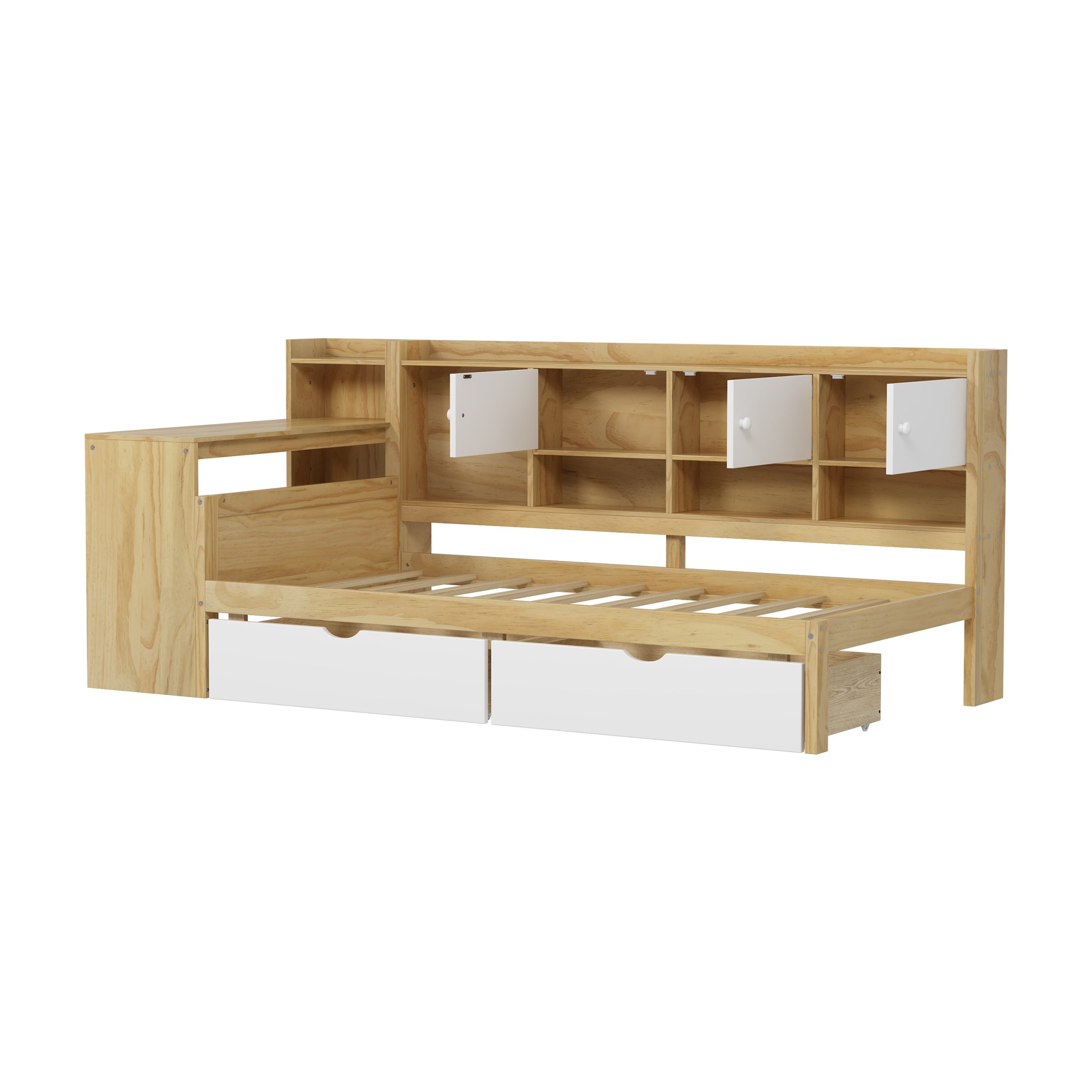 Wooden L-Shape Daybed with Seven Storage Cabinets and Two Storage Drawers, Multi-functional Bed with Study Desk and Built-in Bookshelf, Natural+White (Old SKU:N733S247070M) - Image 6