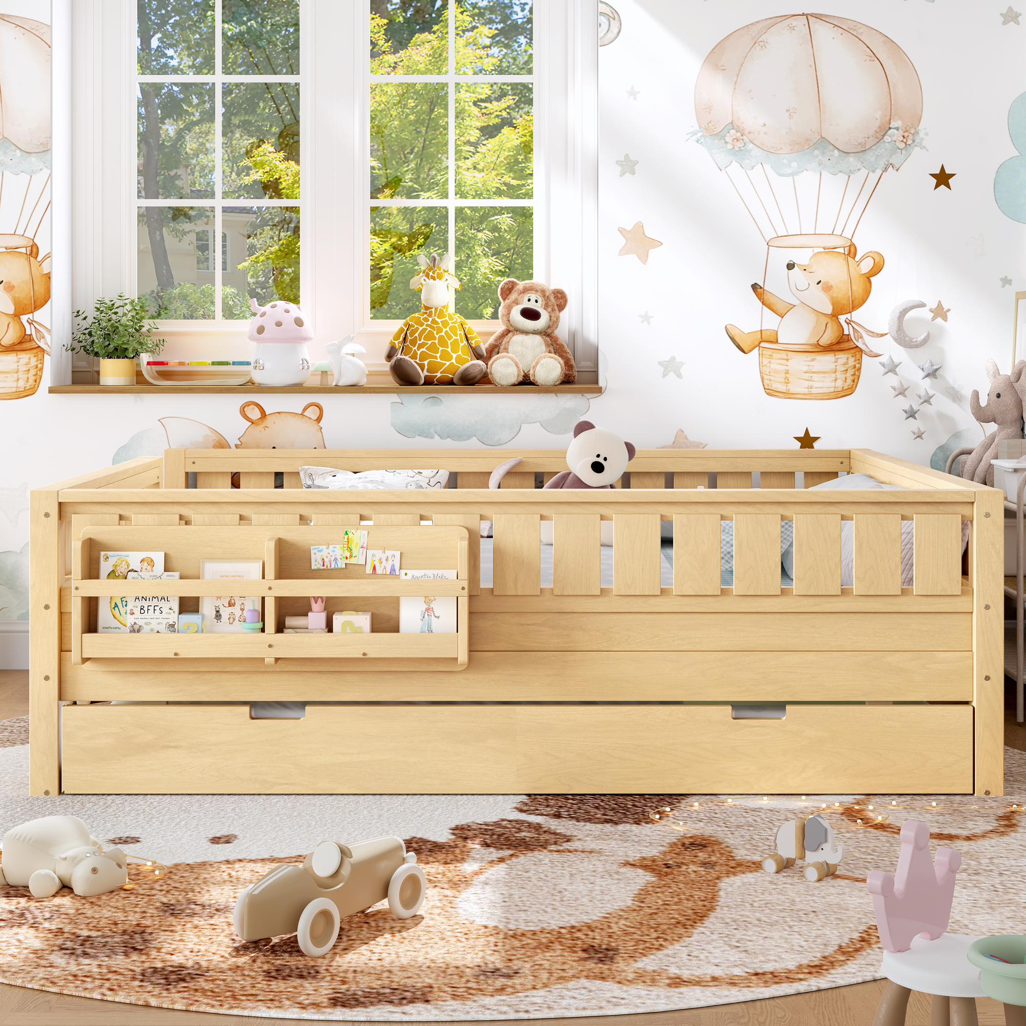 Queenueen with built-in bookshelves and small staircase, high-quality safety rails, and Trundle,Light Natural - Image 2