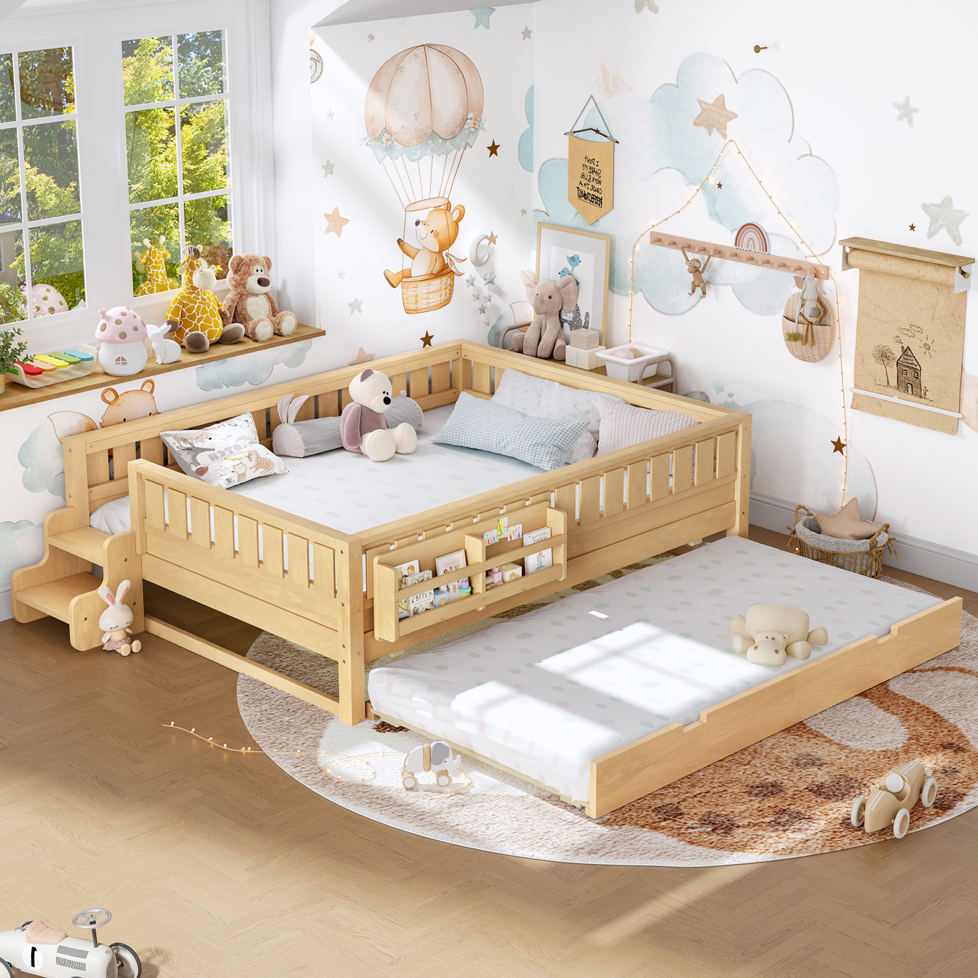 Queenueen with built-in bookshelves and small staircase, high-quality safety rails, and Trundle,Light Natural - Image 3