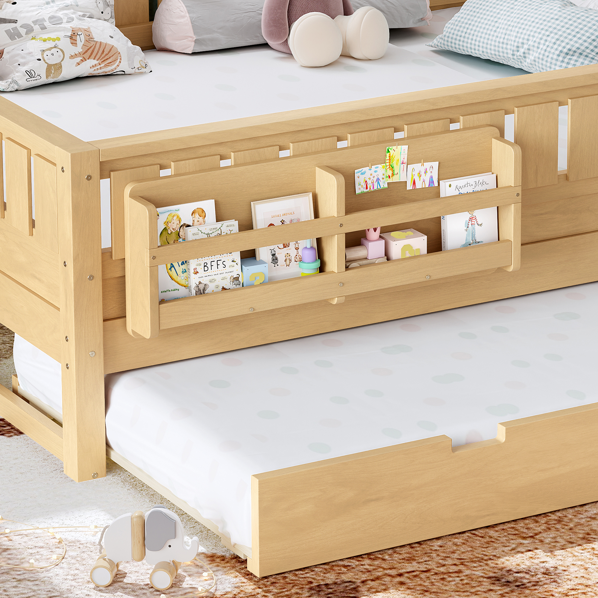 Queenueen with built-in bookshelves and small staircase, high-quality safety rails, and Trundle,Light Natural - Image 4