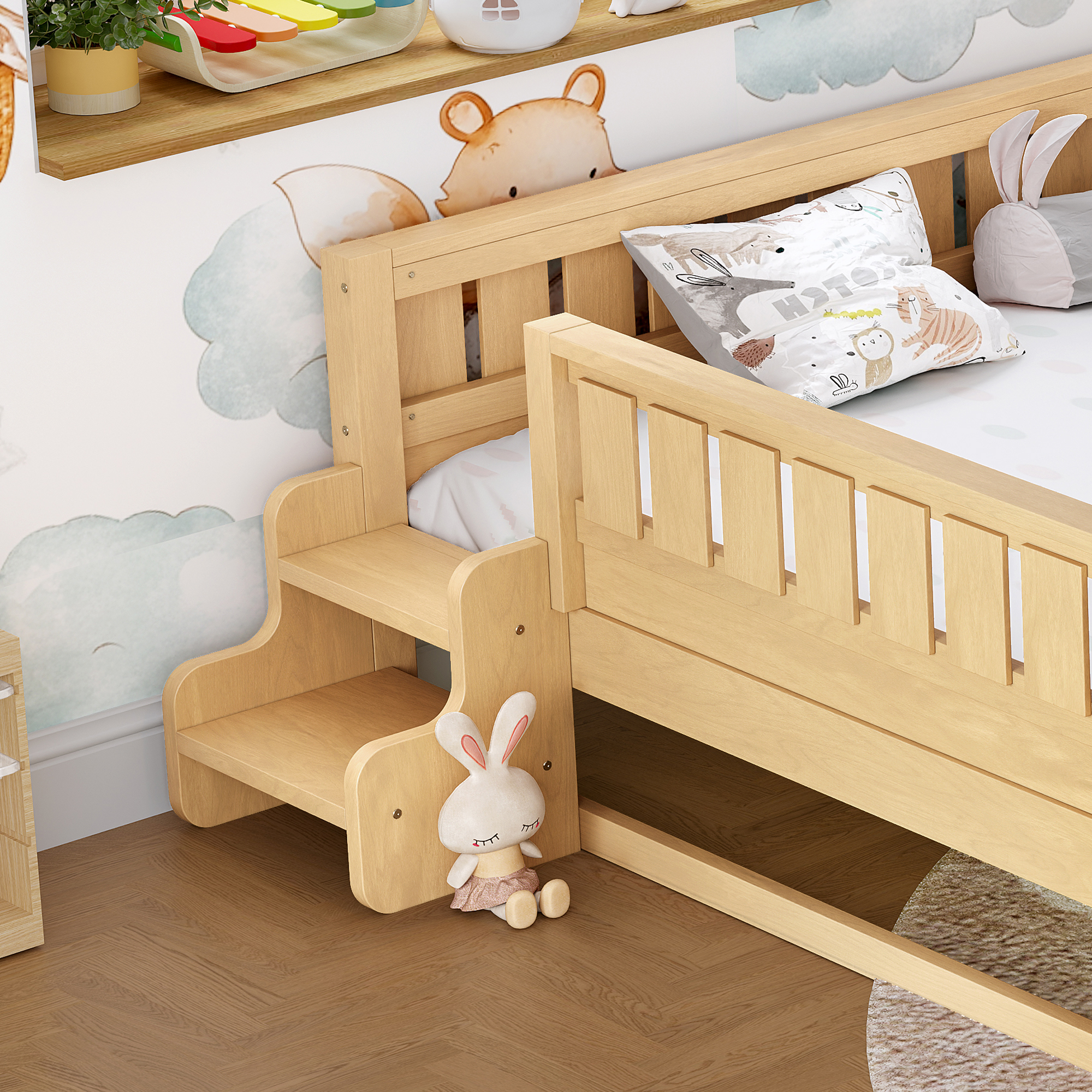 Queenueen with built-in bookshelves and small staircase, high-quality safety rails, and Trundle,Light Natural - Image 5