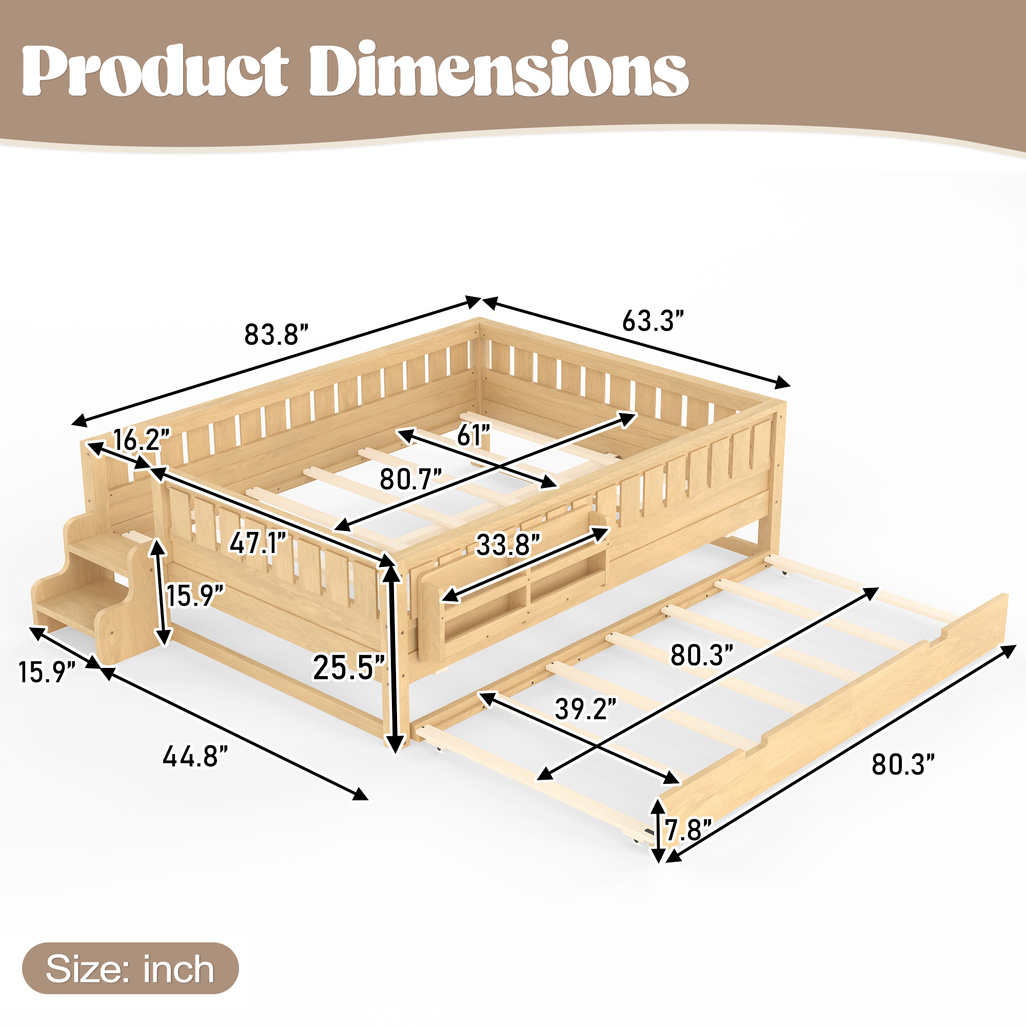 Queenueen with built-in bookshelves and small staircase, high-quality safety rails, and Trundle,Light Natural - Image 6