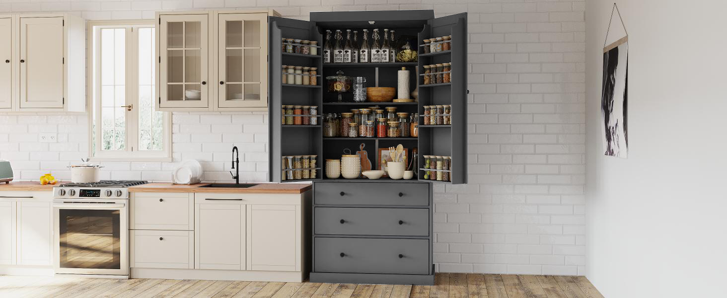 [Assembly Video Provided]TOPMAX 77inch Farmhouse Kitchen Pantry, Freestanding Tall Cupboard Storage Cabinet with 3 Adjustable Shelves, 8 Door Shelves, 3 Drawers for Kitchen, Dining Room, Gray - Image 2