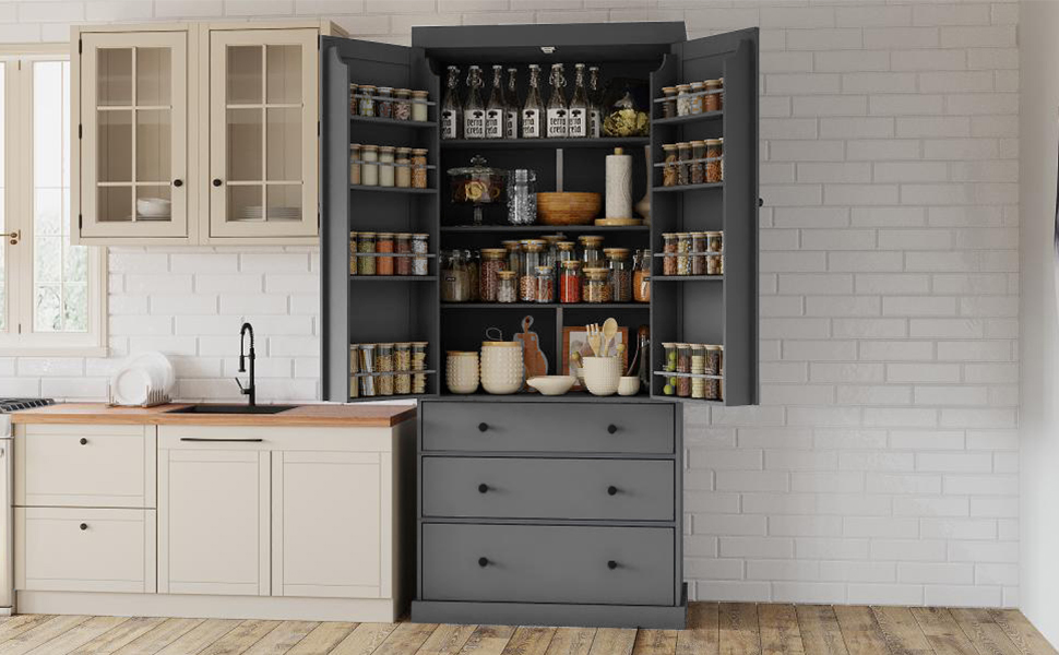 [Assembly Video Provided]TOPMAX 77inch Farmhouse Kitchen Pantry, Freestanding Tall Cupboard Storage Cabinet with 3 Adjustable Shelves, 8 Door Shelves, 3 Drawers for Kitchen, Dining Room, Gray - Image 3