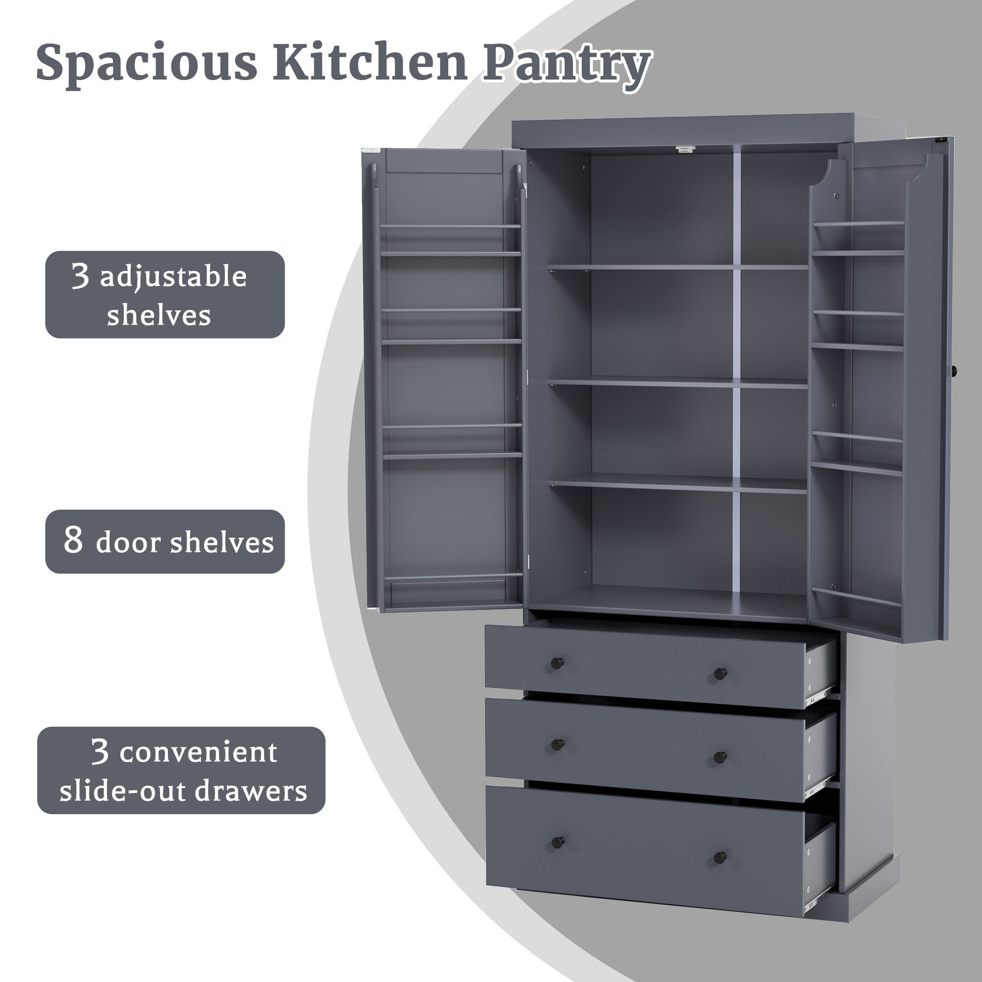 [Assembly Video Provided]TOPMAX 77inch Farmhouse Kitchen Pantry, Freestanding Tall Cupboard Storage Cabinet with 3 Adjustable Shelves, 8 Door Shelves, 3 Drawers for Kitchen, Dining Room, Gray - Image 4