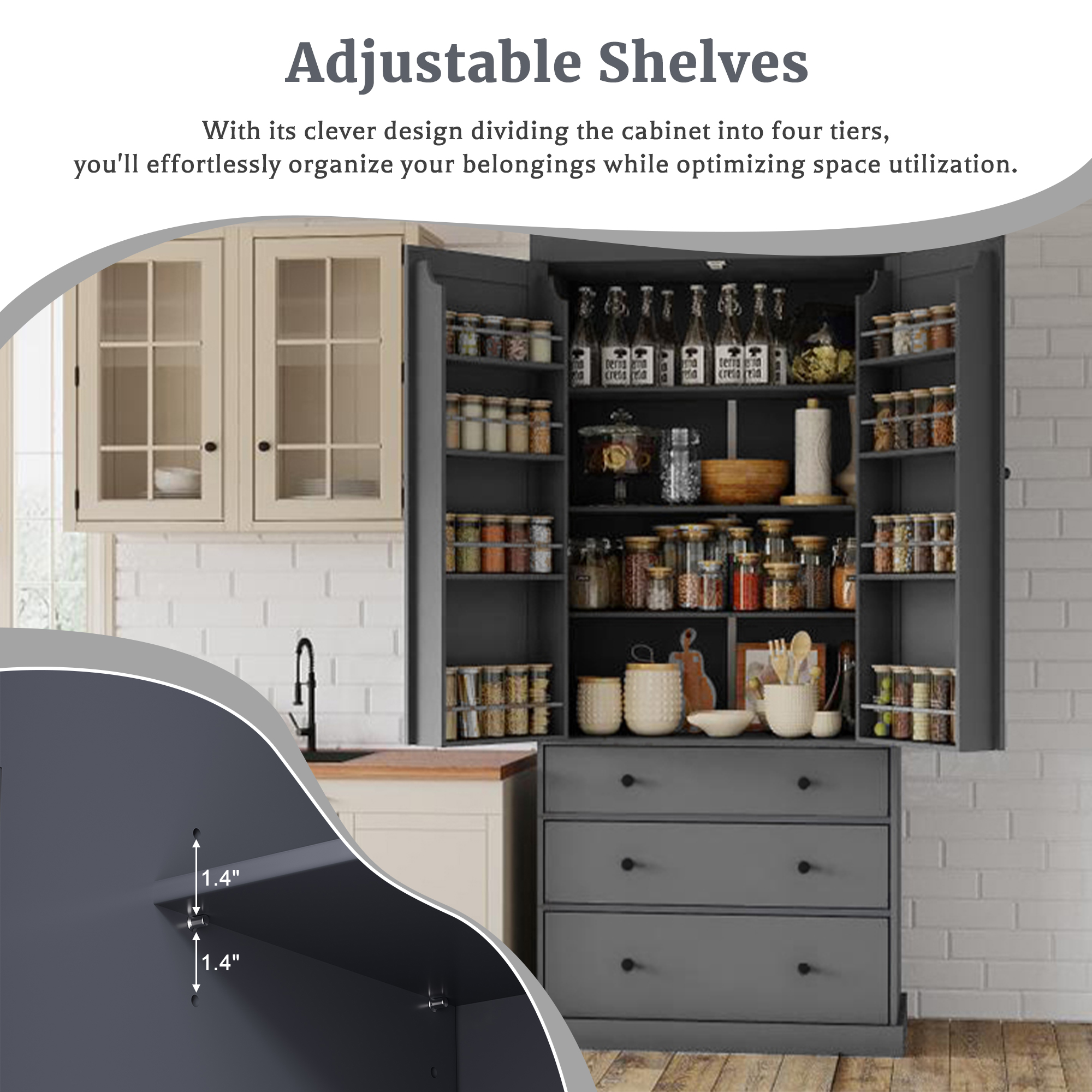 [Assembly Video Provided]TOPMAX 77inch Farmhouse Kitchen Pantry, Freestanding Tall Cupboard Storage Cabinet with 3 Adjustable Shelves, 8 Door Shelves, 3 Drawers for Kitchen, Dining Room, Gray - Image 5