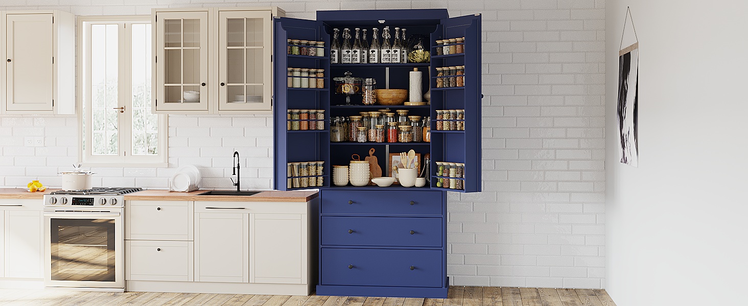 TOPMAX 77" Farmhouse Kitchen Pantry, Freestanding Tall Cupboard Storage Cabinet with 3 Adjustable Shelves, 8 Door Shelves, 3 Drawers for Kitchen, Dining Room, Blue (SP000047) - Image 2