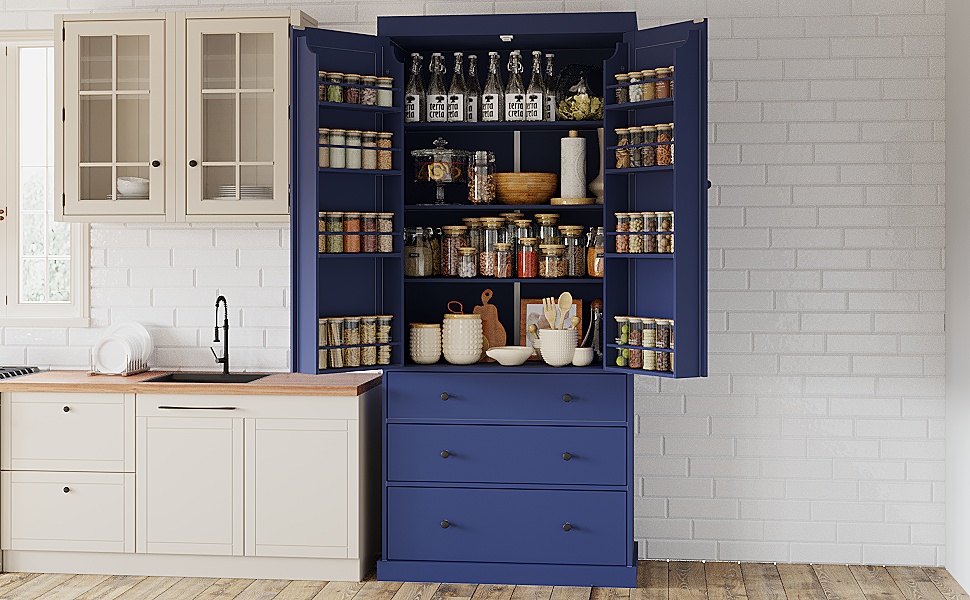 TOPMAX 77" Farmhouse Kitchen Pantry, Freestanding Tall Cupboard Storage Cabinet with 3 Adjustable Shelves, 8 Door Shelves, 3 Drawers for Kitchen, Dining Room, Blue (SP000047) - Image 3