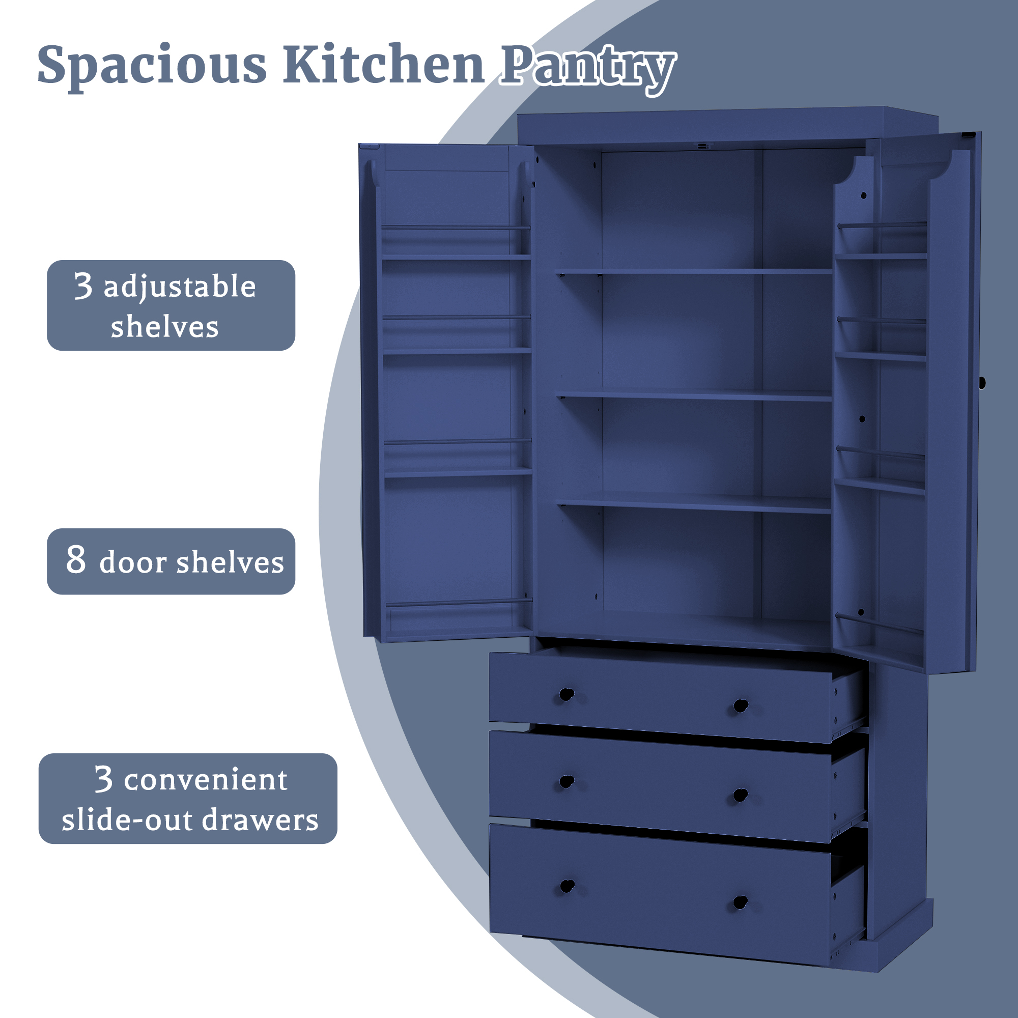 TOPMAX 77" Farmhouse Kitchen Pantry, Freestanding Tall Cupboard Storage Cabinet with 3 Adjustable Shelves, 8 Door Shelves, 3 Drawers for Kitchen, Dining Room, Blue (SP000047) - Image 4