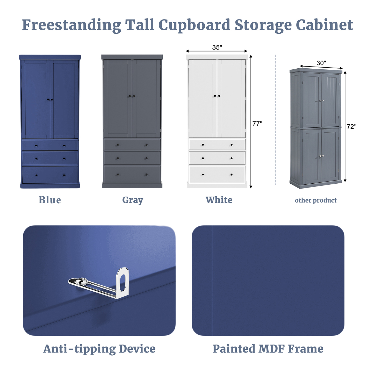 TOPMAX 77" Farmhouse Kitchen Pantry, Freestanding Tall Cupboard Storage Cabinet with 3 Adjustable Shelves, 8 Door Shelves, 3 Drawers for Kitchen, Dining Room, Blue (SP000047) - Image 6