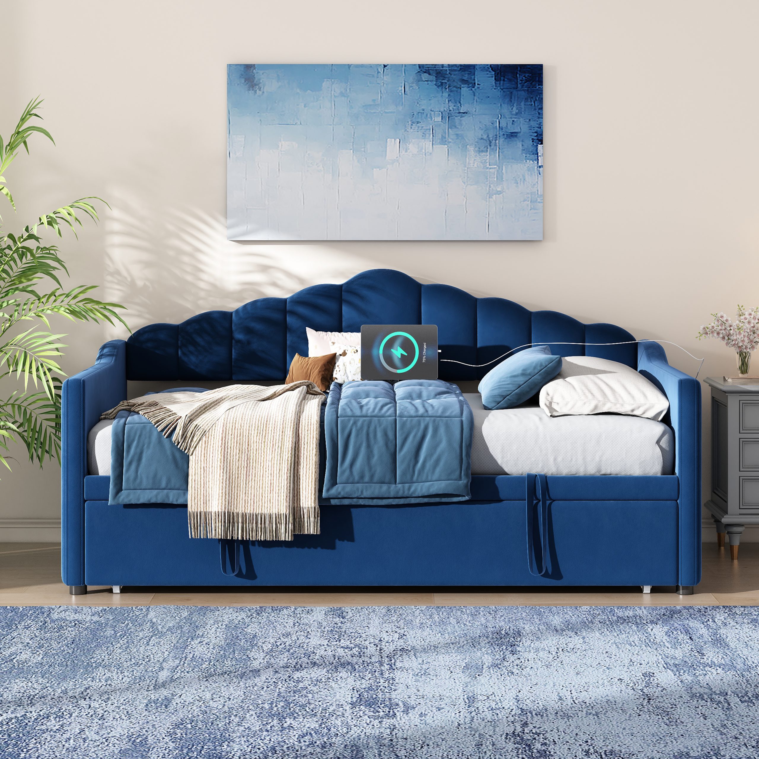 Upholstered Twin Size Daybed with Adjustable Height Pop Up Trundle Twin Bed and USB & Type-C Charging Port, Day Bed Frame with 2 Side Pockets, No Box-Spring Needed, Blue(Old SKU:N733S285118C) - Image 2
