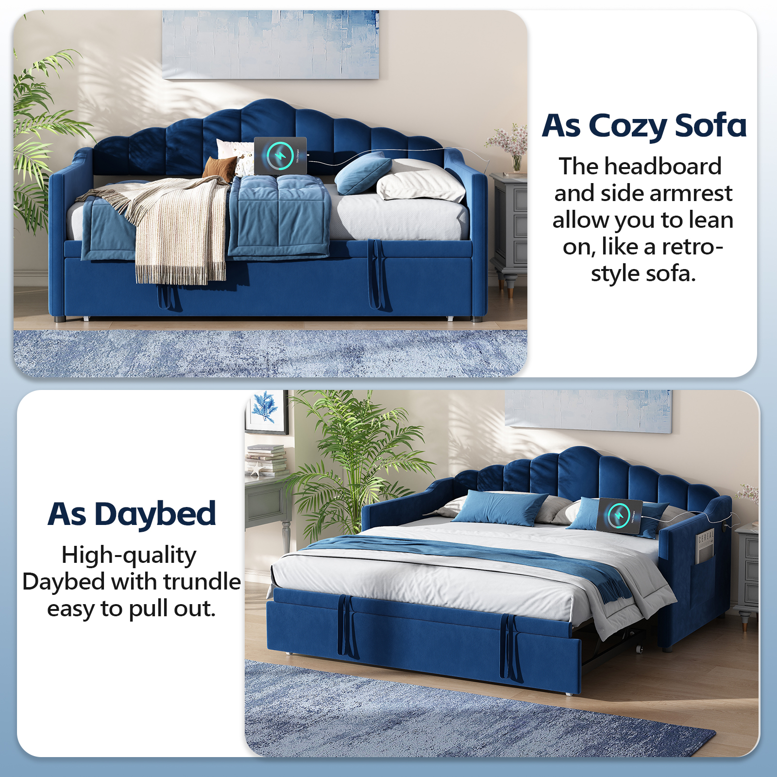 Upholstered Twin Size Daybed with Adjustable Height Pop Up Trundle Twin Bed and USB & Type-C Charging Port, Day Bed Frame with 2 Side Pockets, No Box-Spring Needed, Blue(Old SKU:N733S285118C) - Image 3