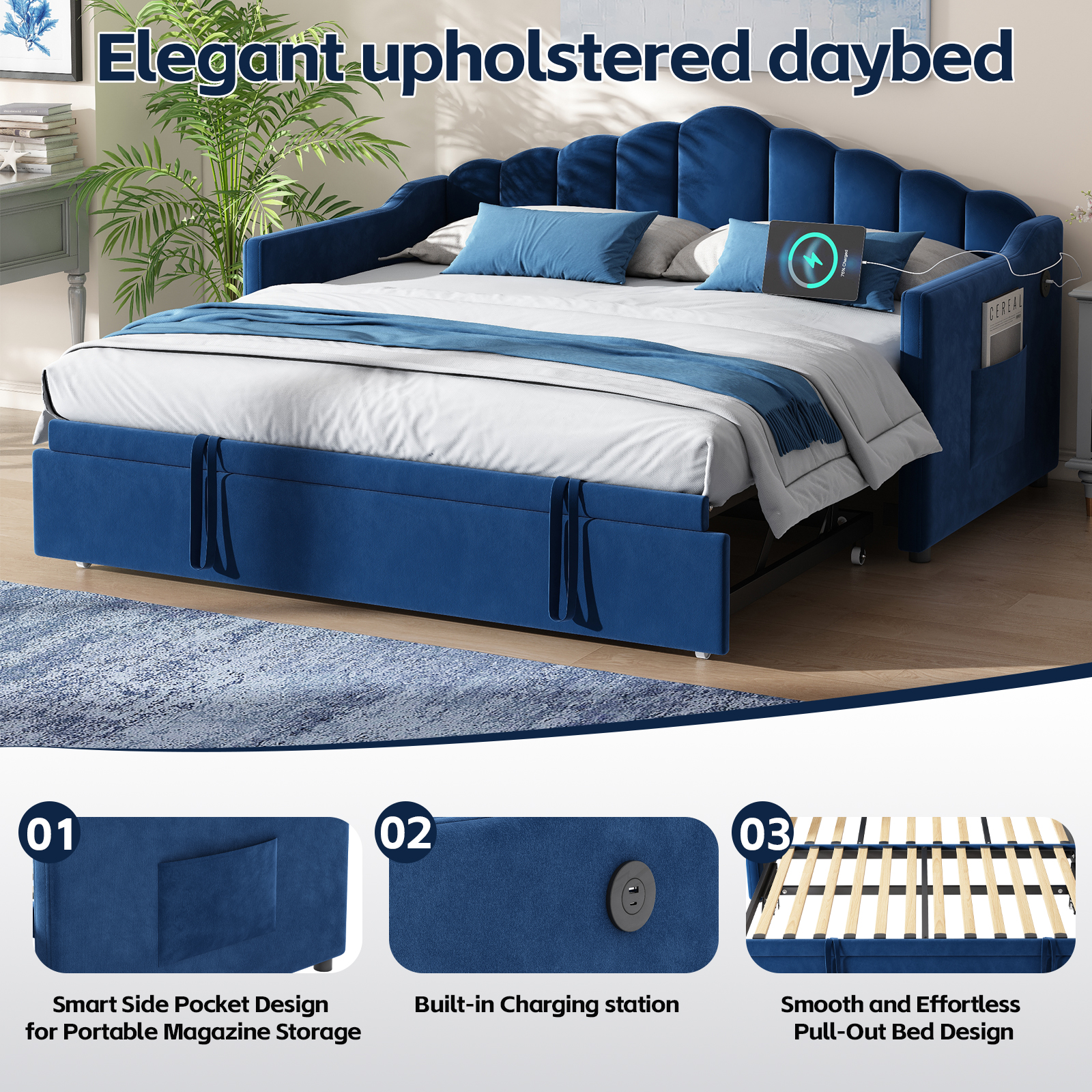 Upholstered Twin Size Daybed with Adjustable Height Pop Up Trundle Twin Bed and USB & Type-C Charging Port, Day Bed Frame with 2 Side Pockets, No Box-Spring Needed, Blue(Old SKU:N733S285118C) - Image 4