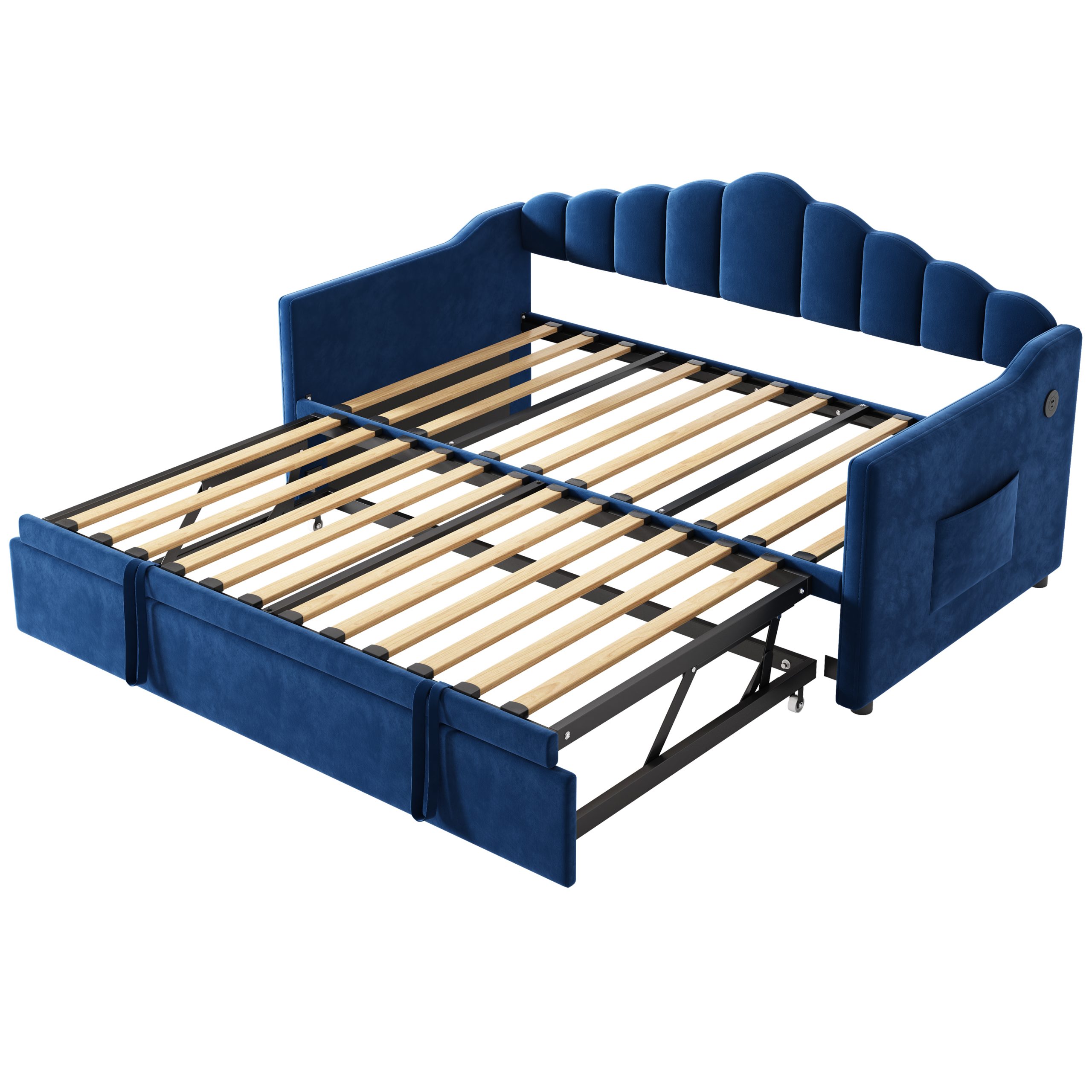 Upholstered Twin Size Daybed with Adjustable Height Pop Up Trundle Twin Bed and USB & Type-C Charging Port, Day Bed Frame with 2 Side Pockets, No Box-Spring Needed, Blue(Old SKU:N733S285118C) - Image 5