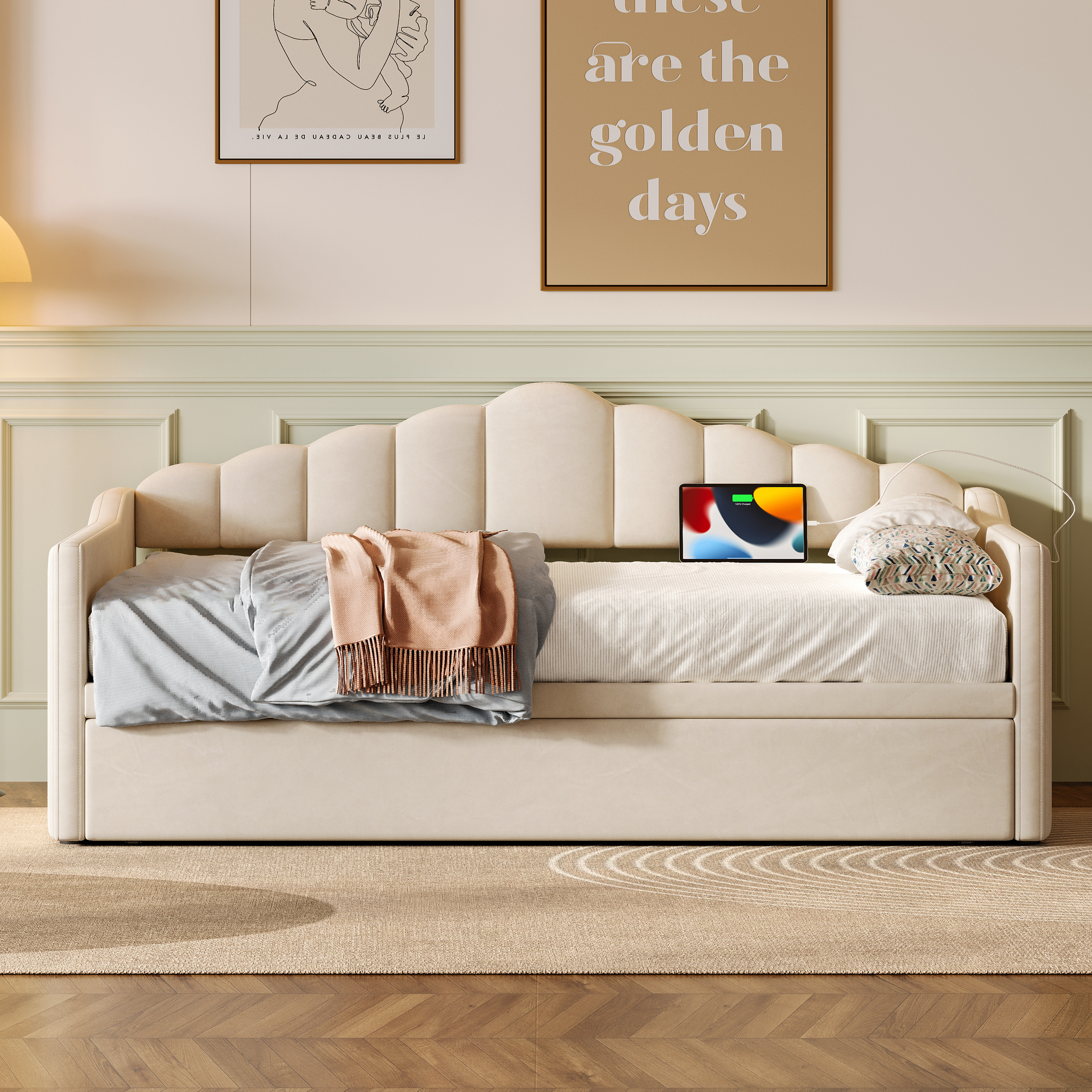 Upholstered Twin Size Daybed with Adjustable Height Pop Up Trundle Twin Bed and USB & Type-C Charging Port, Day Bed Frame with 2 Side Pockets, No Box-Spring Needed, Beige(Old SKU:N733S285118A) - Image 2