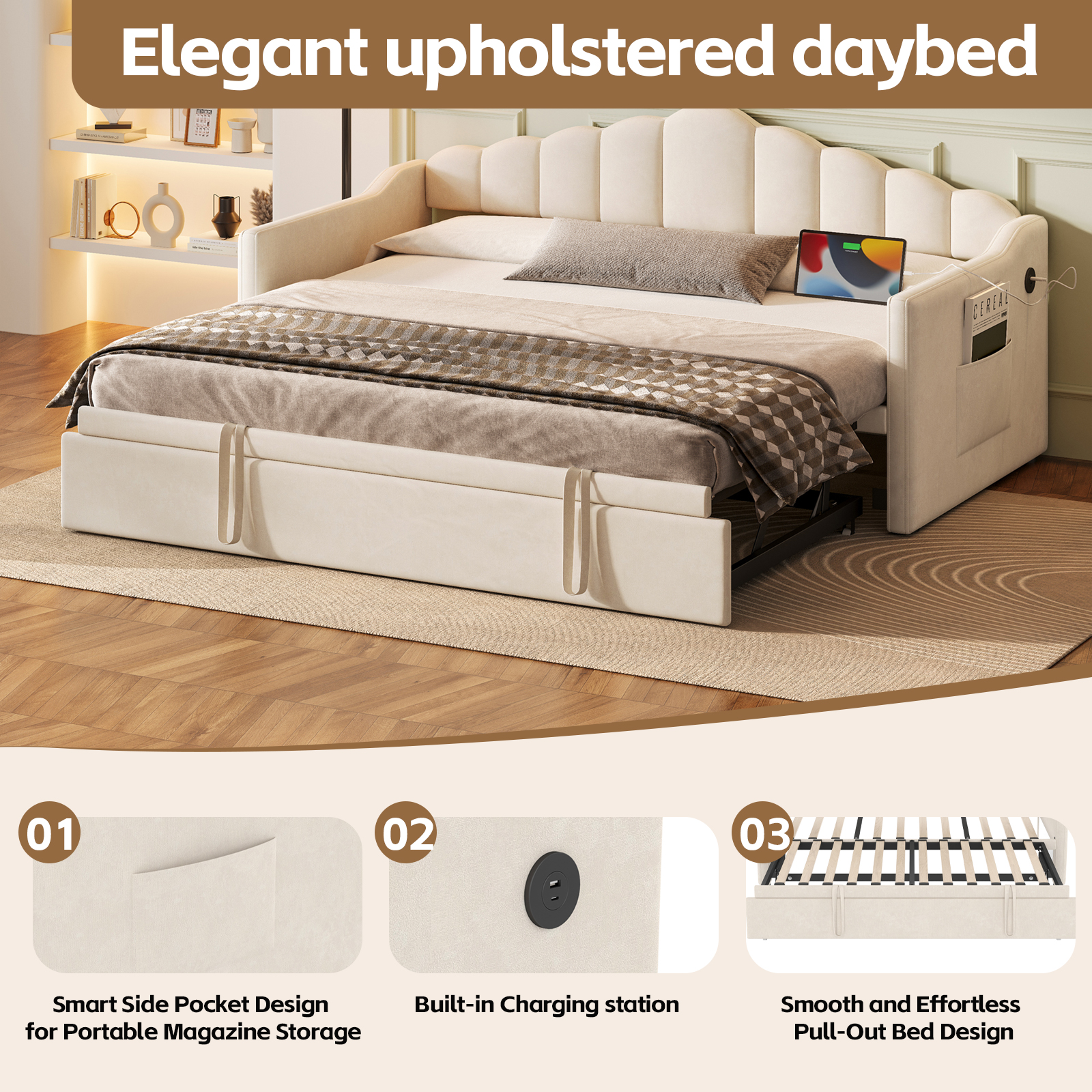 Upholstered Twin Size Daybed with Adjustable Height Pop Up Trundle Twin Bed and USB & Type-C Charging Port, Day Bed Frame with 2 Side Pockets, No Box-Spring Needed, Beige(Old SKU:N733S285118A) - Image 4