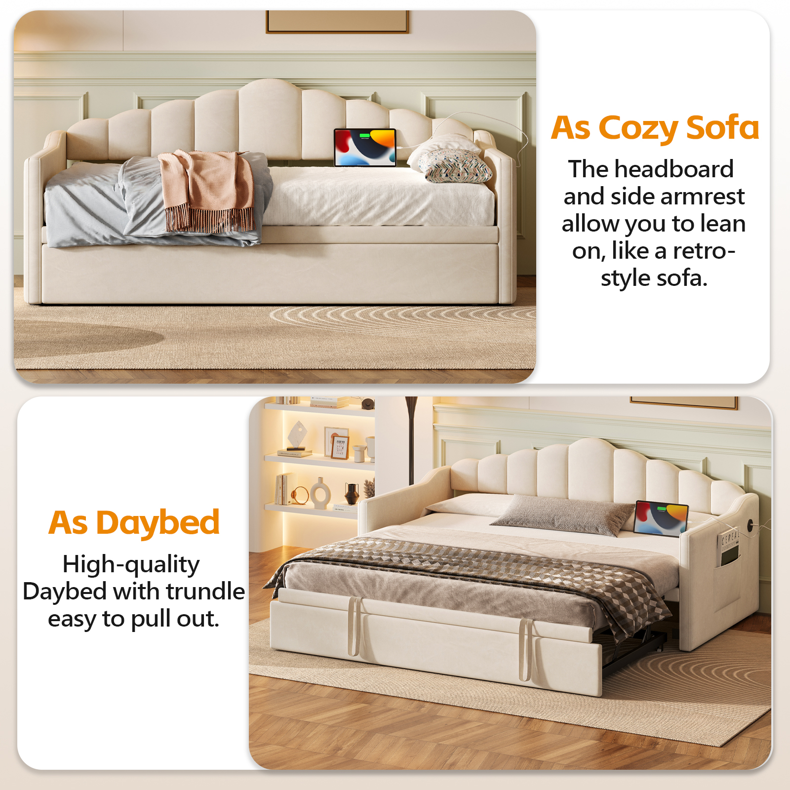 Upholstered Twin Size Daybed with Adjustable Height Pop Up Trundle Twin Bed and USB & Type-C Charging Port, Day Bed Frame with 2 Side Pockets, No Box-Spring Needed, Beige(Old SKU:N733S285118A) - Image 3