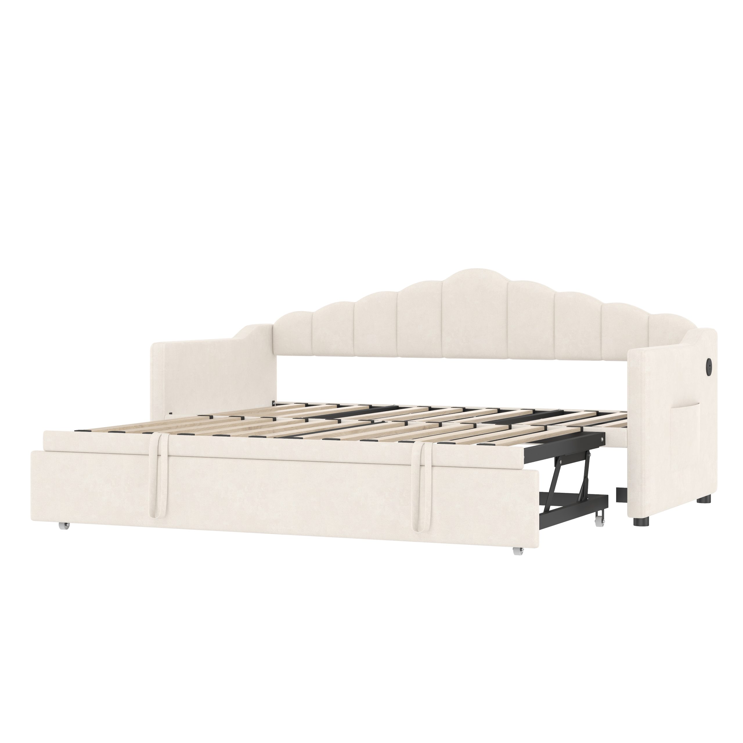 Upholstered Twin Size Daybed with Adjustable Height Pop Up Trundle Twin Bed and USB & Type-C Charging Port, Day Bed Frame with 2 Side Pockets, No Box-Spring Needed, Beige(Old SKU:N733S285118A) - Image 5