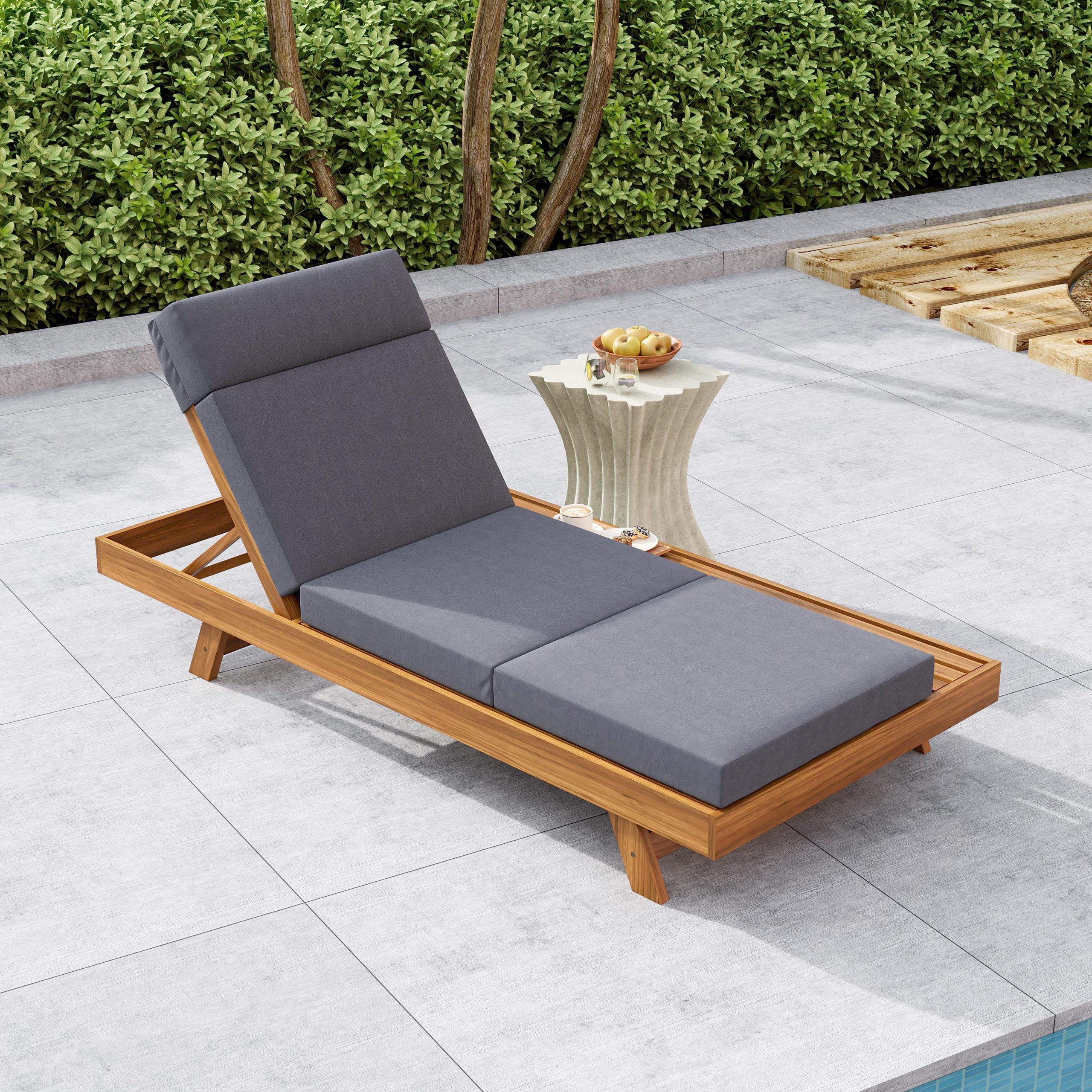 LOUNGE CHAISE SET WITH HEADREST,SPACE AVAILABLE ON ONE SIDE, ACACIA WOOD WITH WATER-RESISTANT LOUNGE CUSHIONS (DARK GREY & 3-FOLD & 4 inch) - MATCHING CREAM/BEIGE VERSION AVAILABLE - Image 2