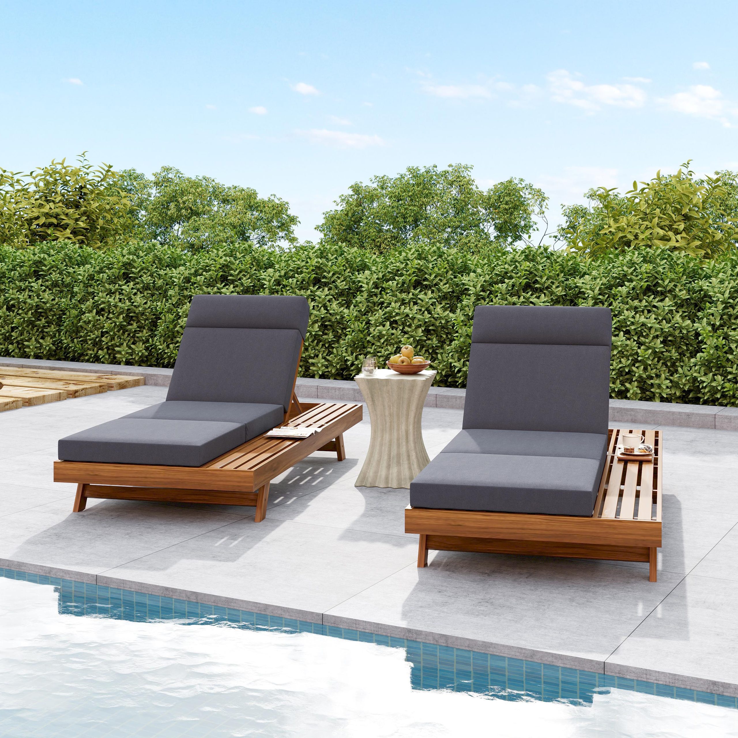 LOUNGE CHAISE SET WITH HEADREST,SPACE AVAILABLE ON ONE SIDE, ACACIA WOOD WITH WATER-RESISTANT LOUNGE CUSHIONS (DARK GREY & 3-FOLD & 4 inch) - MATCHING CREAM/BEIGE VERSION AVAILABLE - Image 5