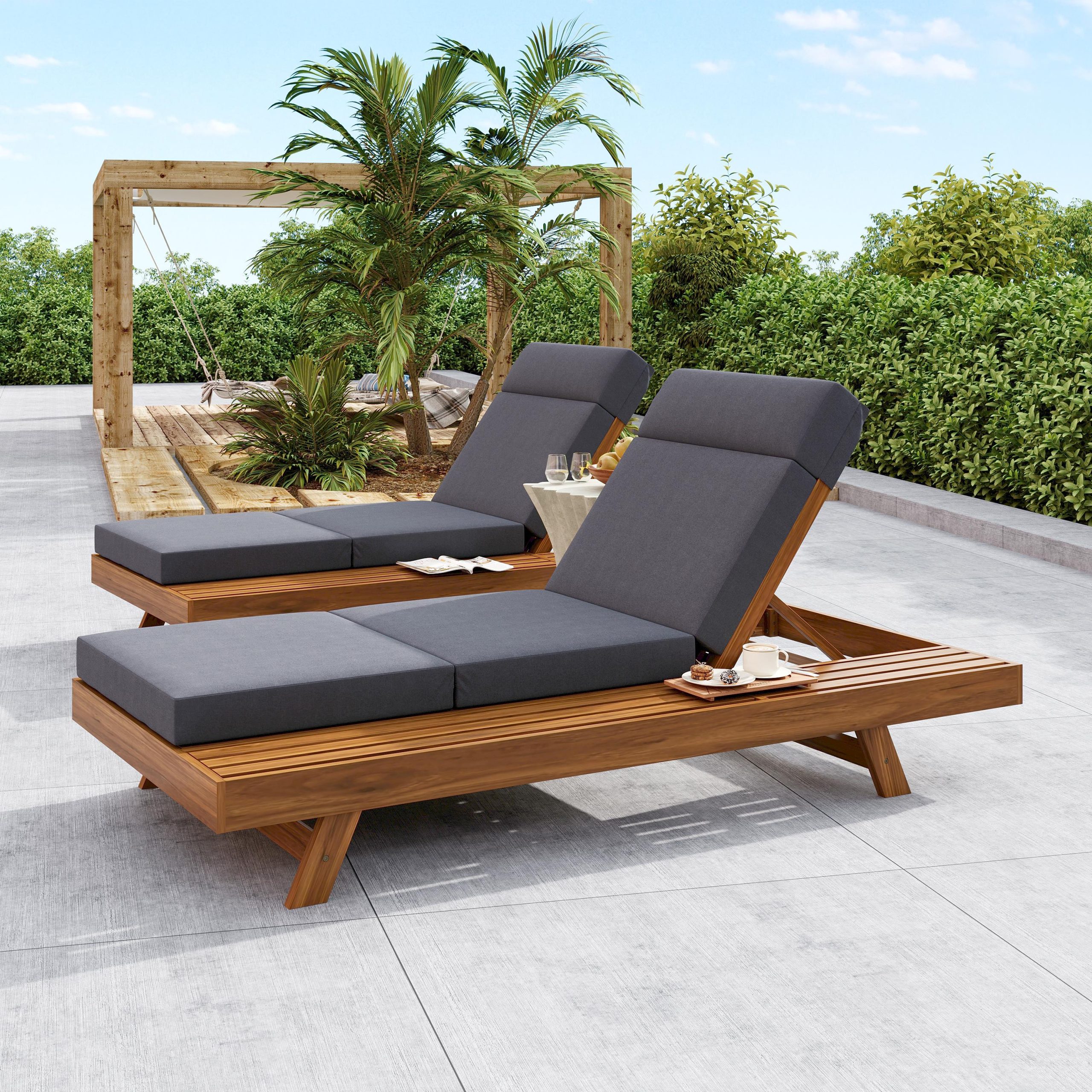LOUNGE CHAISE SET WITH HEADREST,SPACE AVAILABLE ON ONE SIDE, ACACIA WOOD WITH WATER-RESISTANT LOUNGE CUSHIONS (DARK GREY & 3-FOLD & 4 inch) - MATCHING CREAM/BEIGE VERSION AVAILABLE - Image 6
