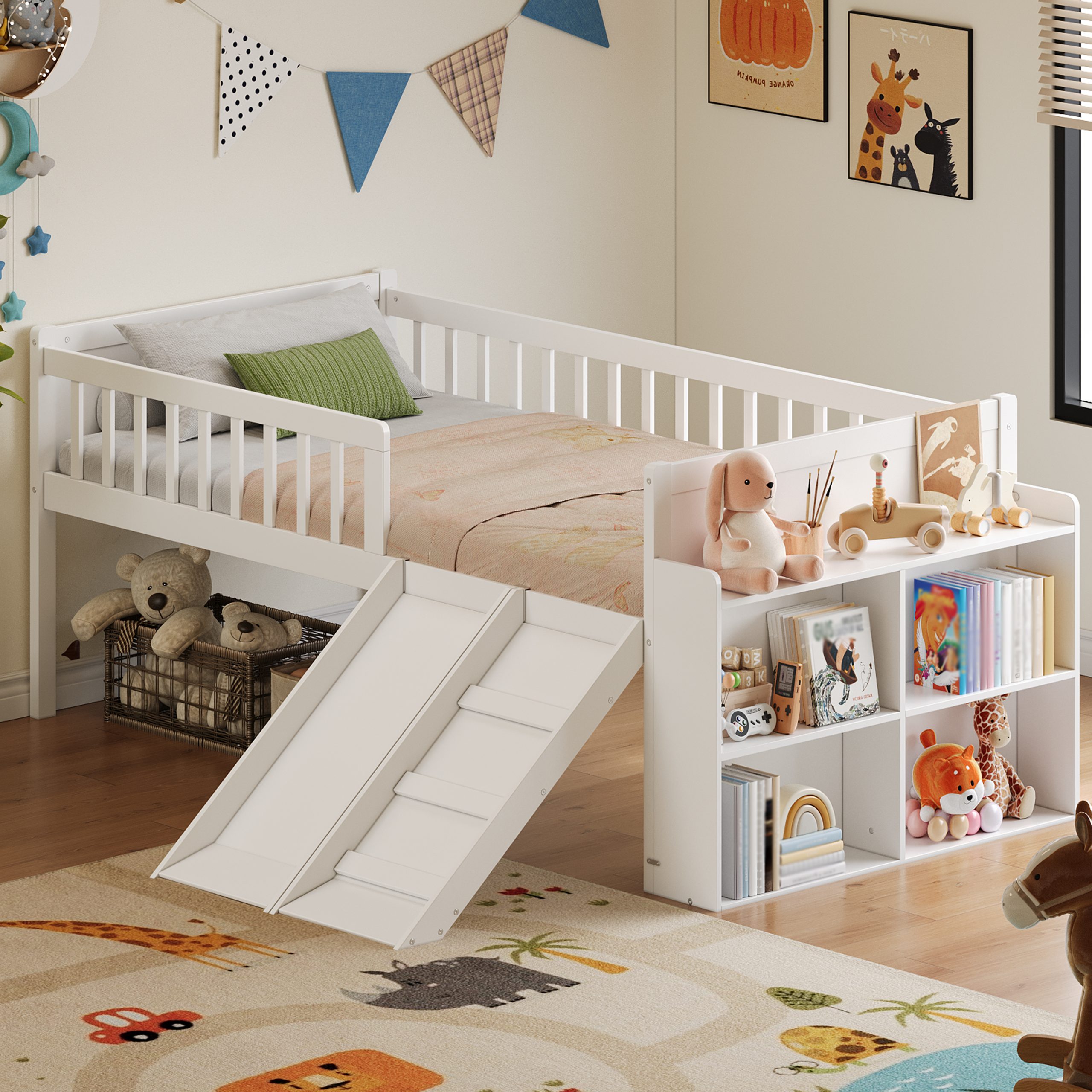 Twin Bed Frame with Storage Shelf, Wooden Bed Frame with Slide and Ladder,Platform Twin Size Bed with Guardrail, No Box Spring Needed, Easy Assembly, White - Image 1