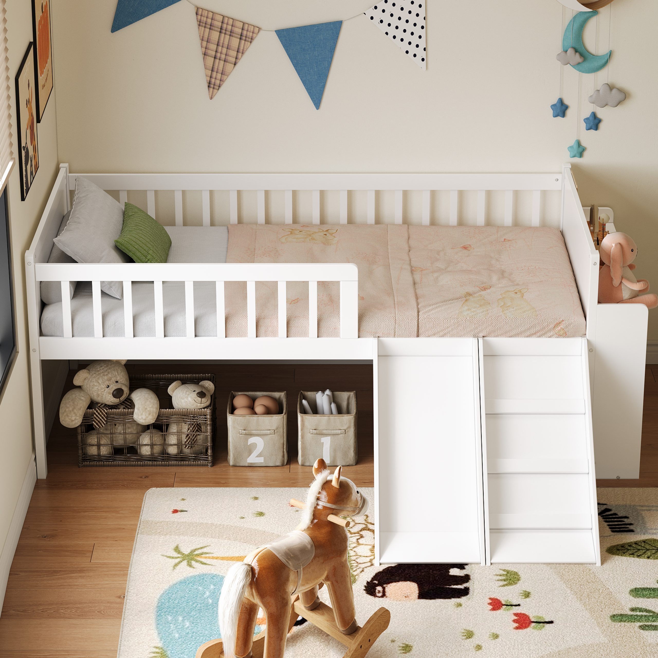 Twin Bed Frame with Storage Shelf, Wooden Bed Frame with Slide and Ladder,Platform Twin Size Bed with Guardrail, No Box Spring Needed, Easy Assembly, White - Image 2
