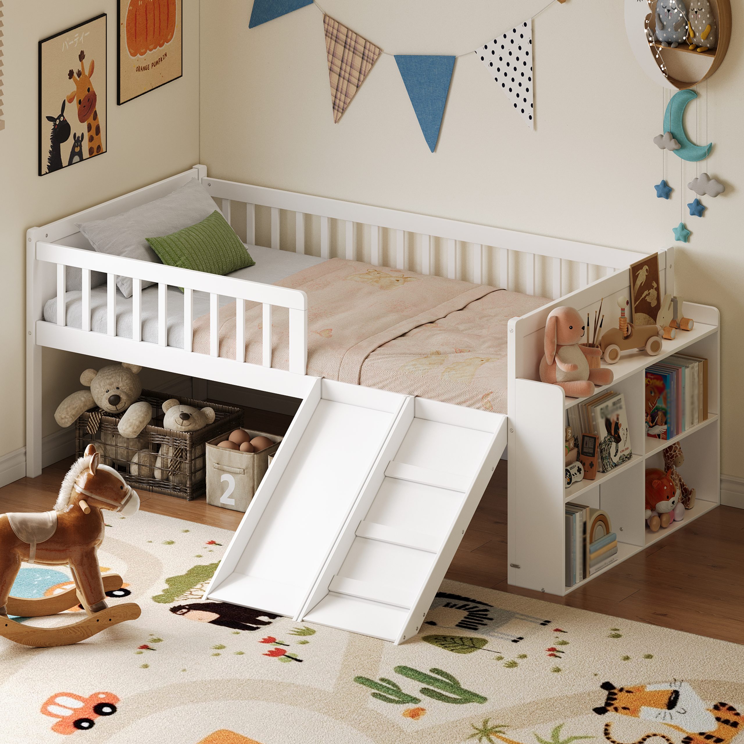 Twin Bed Frame with Storage Shelf, Wooden Bed Frame with Slide and Ladder,Platform Twin Size Bed with Guardrail, No Box Spring Needed, Easy Assembly, White - Image 3