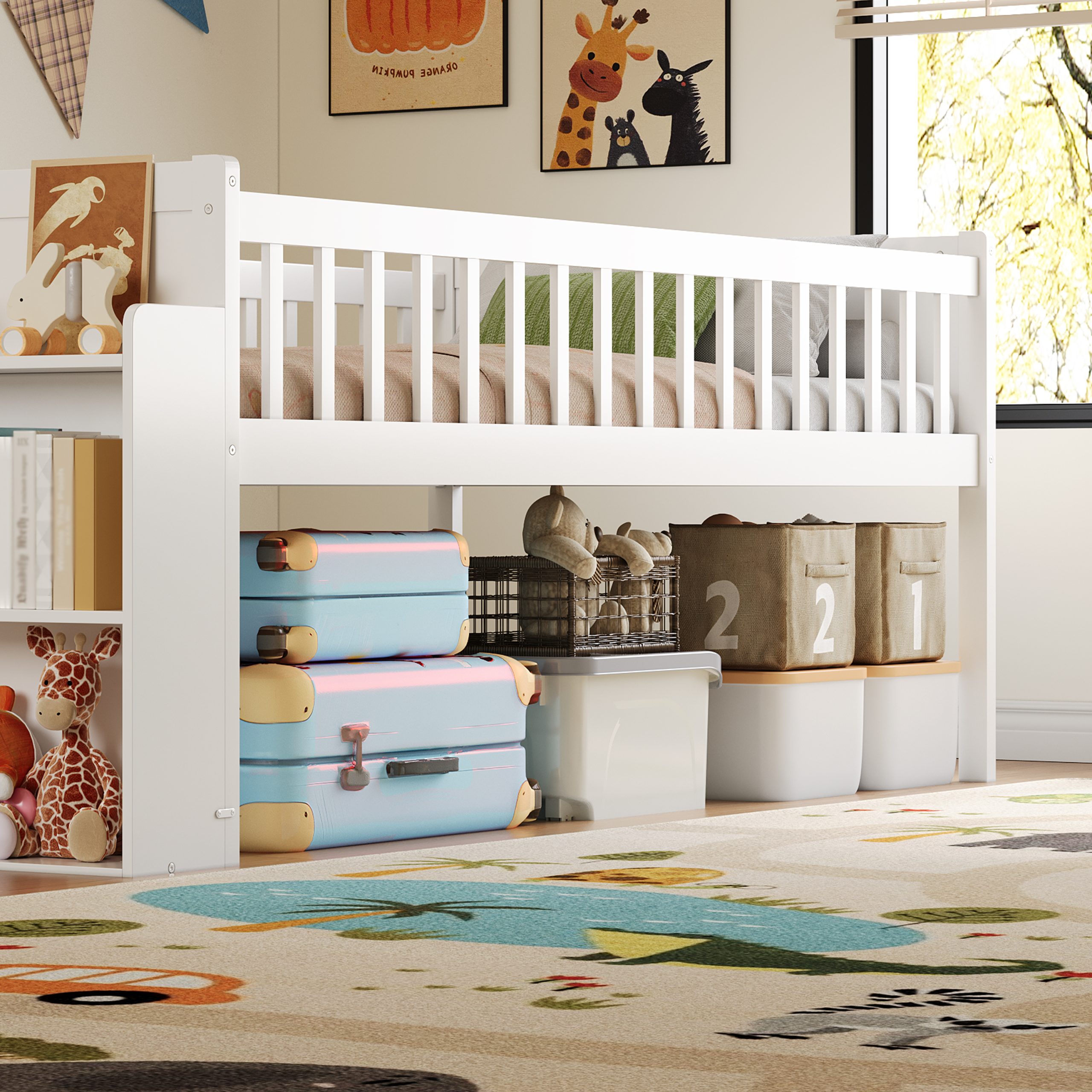 Twin Bed Frame with Storage Shelf, Wooden Bed Frame with Slide and Ladder,Platform Twin Size Bed with Guardrail, No Box Spring Needed, Easy Assembly, White - Image 4
