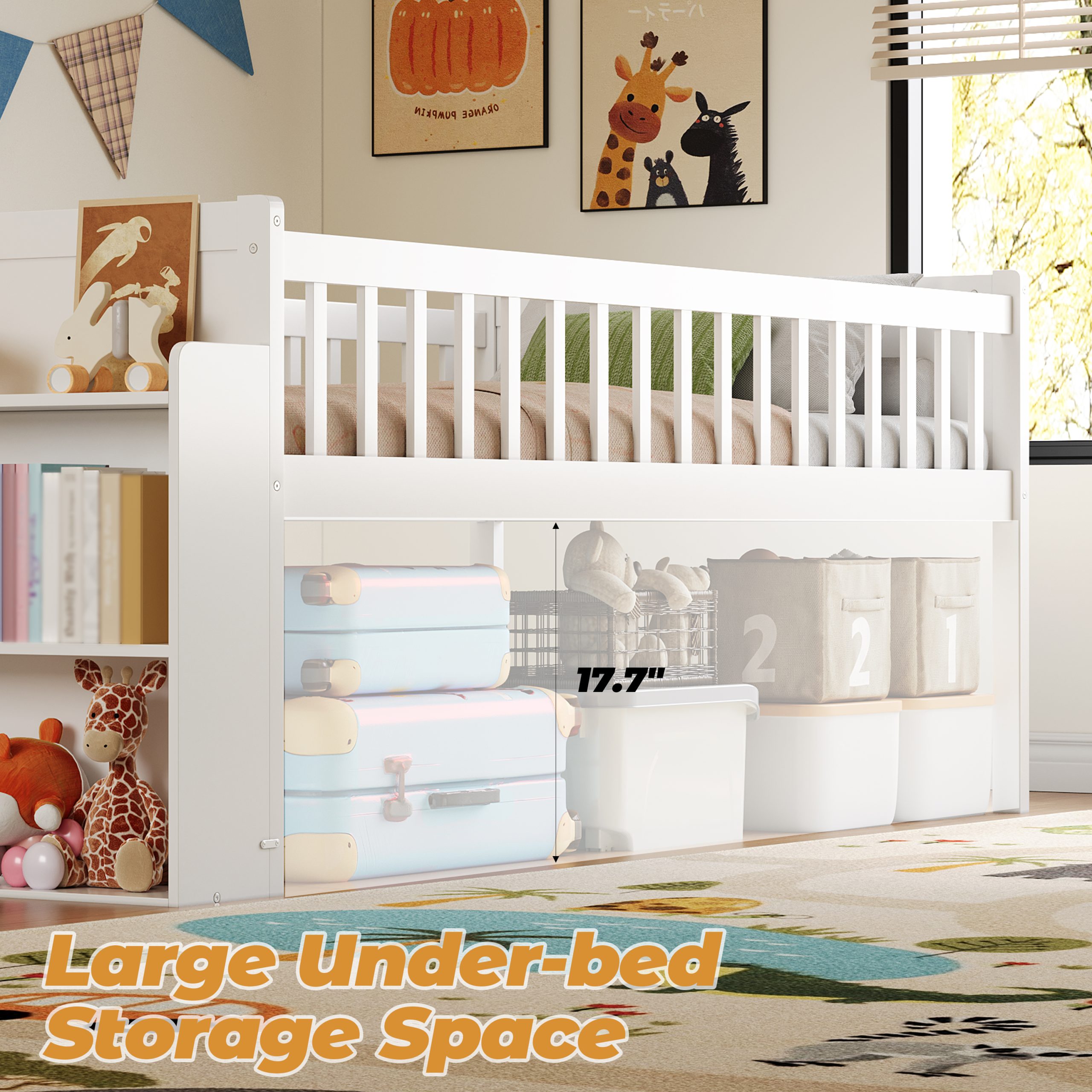 Twin Bed Frame with Storage Shelf, Wooden Bed Frame with Slide and Ladder,Platform Twin Size Bed with Guardrail, No Box Spring Needed, Easy Assembly, White - Image 5