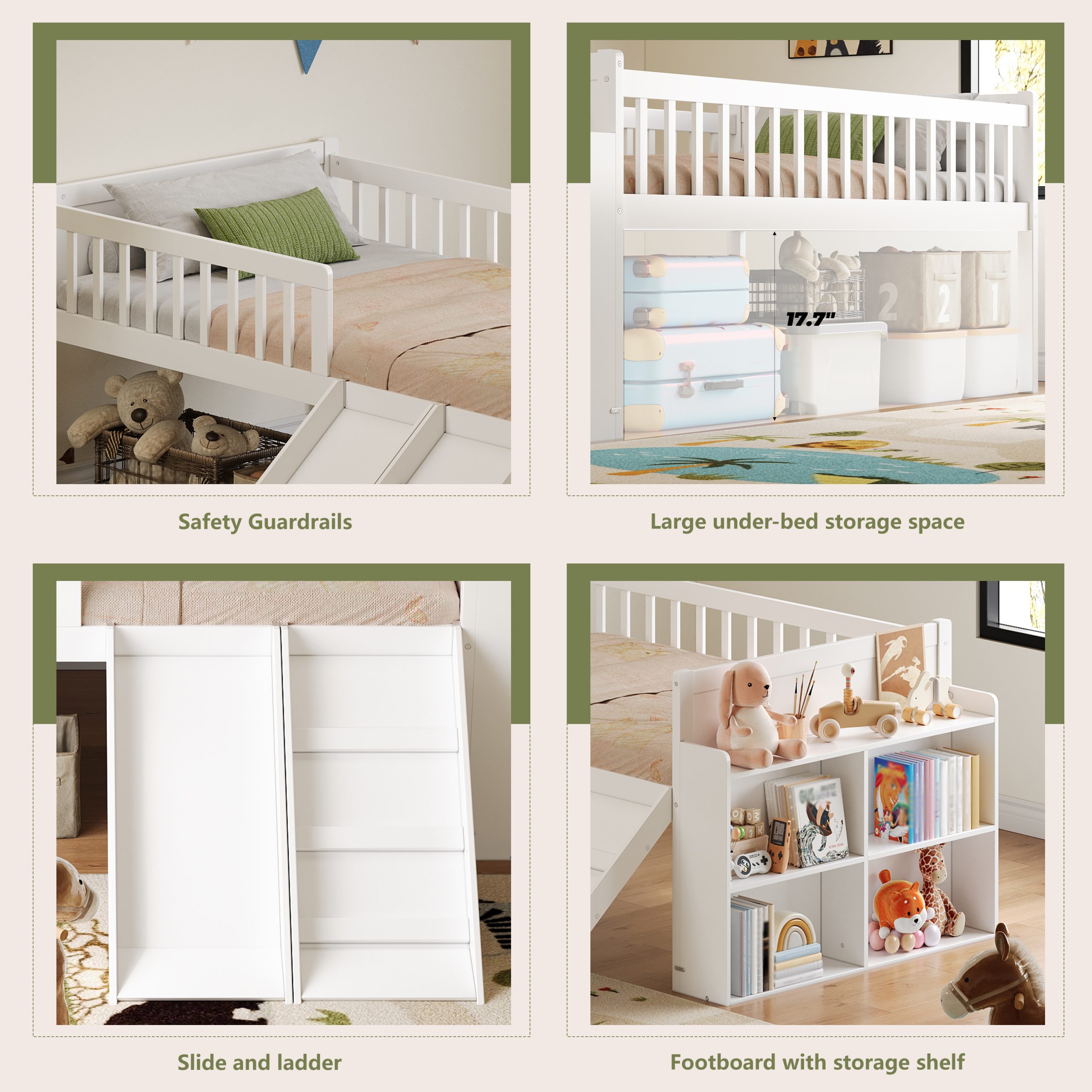 Twin Bed Frame with Storage Shelf, Wooden Bed Frame with Slide and Ladder,Platform Twin Size Bed with Guardrail, No Box Spring Needed, Easy Assembly, White - Image 6