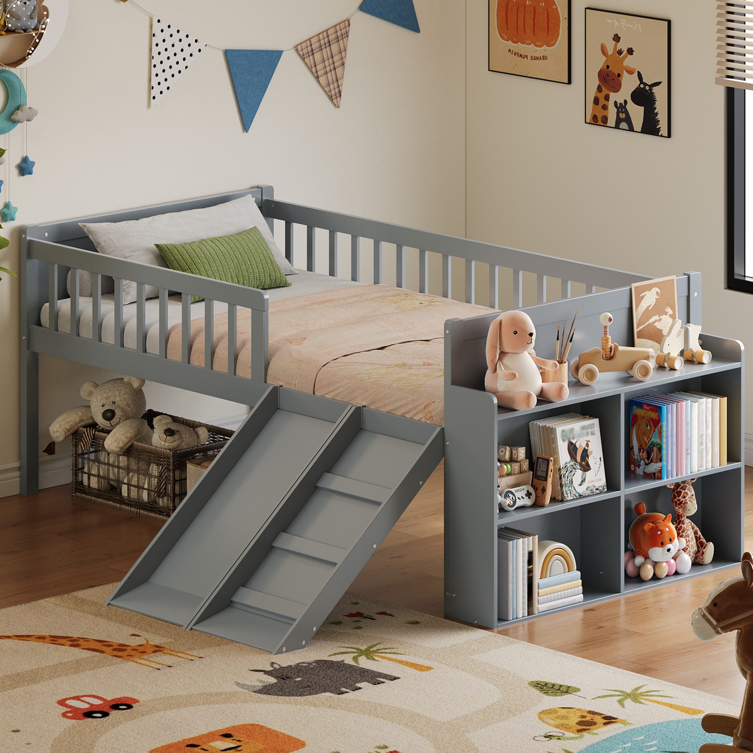 Twin Bed Frame with Storage Shelf, Wooden Bed Frame with Slide and Ladder,Platform Twin Size Bed with Guardrail, No Box Spring Needed, Easy Assembly, Gray - Image 1