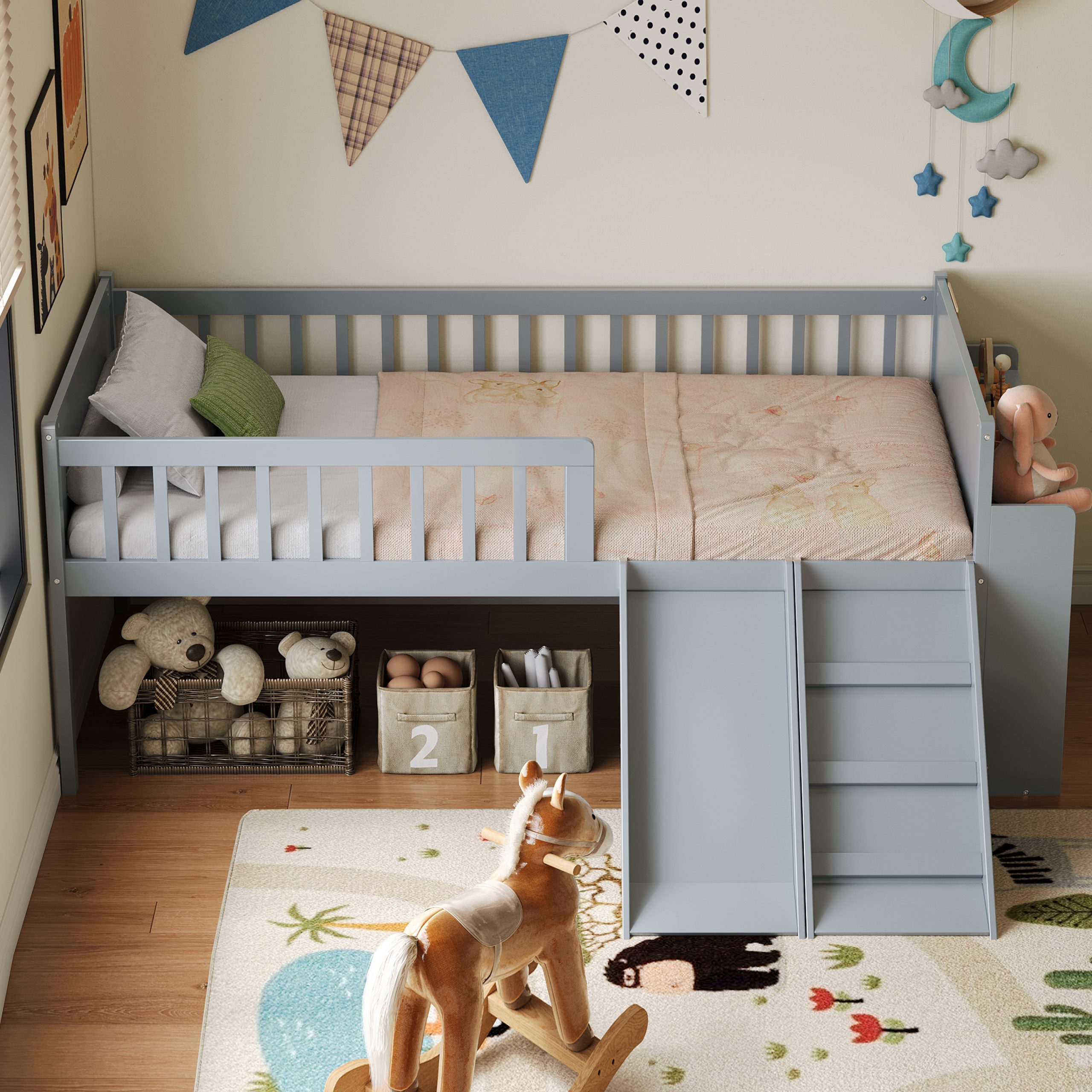 Twin Bed Frame with Storage Shelf, Wooden Bed Frame with Slide and Ladder,Platform Twin Size Bed with Guardrail, No Box Spring Needed, Easy Assembly, Gray - Image 2