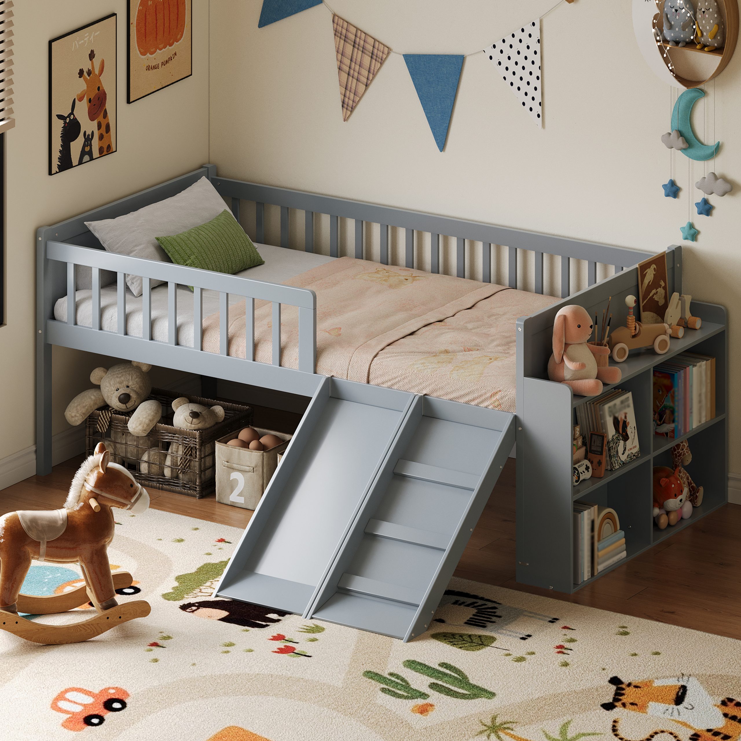 Twin Bed Frame with Storage Shelf, Wooden Bed Frame with Slide and Ladder,Platform Twin Size Bed with Guardrail, No Box Spring Needed, Easy Assembly, Gray - Image 3