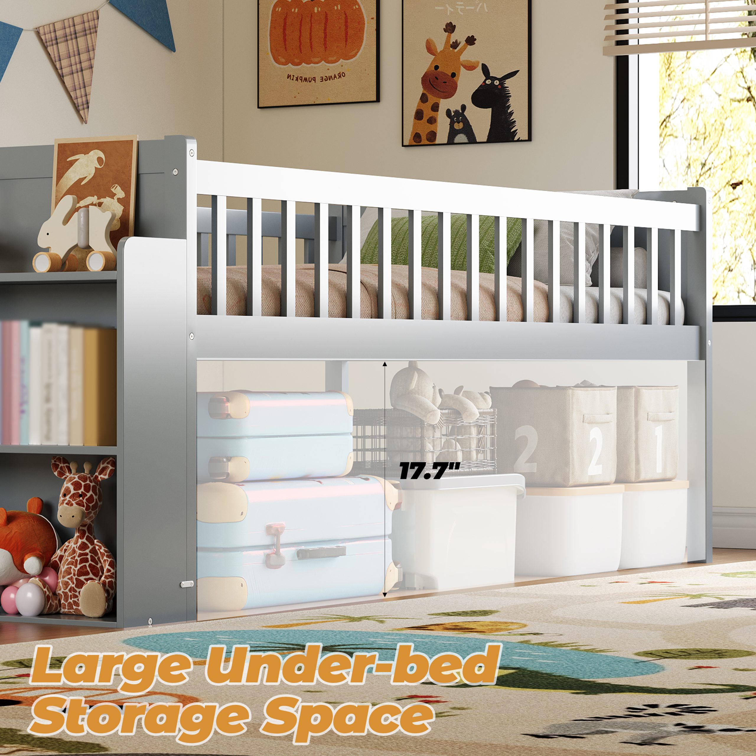 Twin Bed Frame with Storage Shelf, Wooden Bed Frame with Slide and Ladder,Platform Twin Size Bed with Guardrail, No Box Spring Needed, Easy Assembly, Gray - Image 5