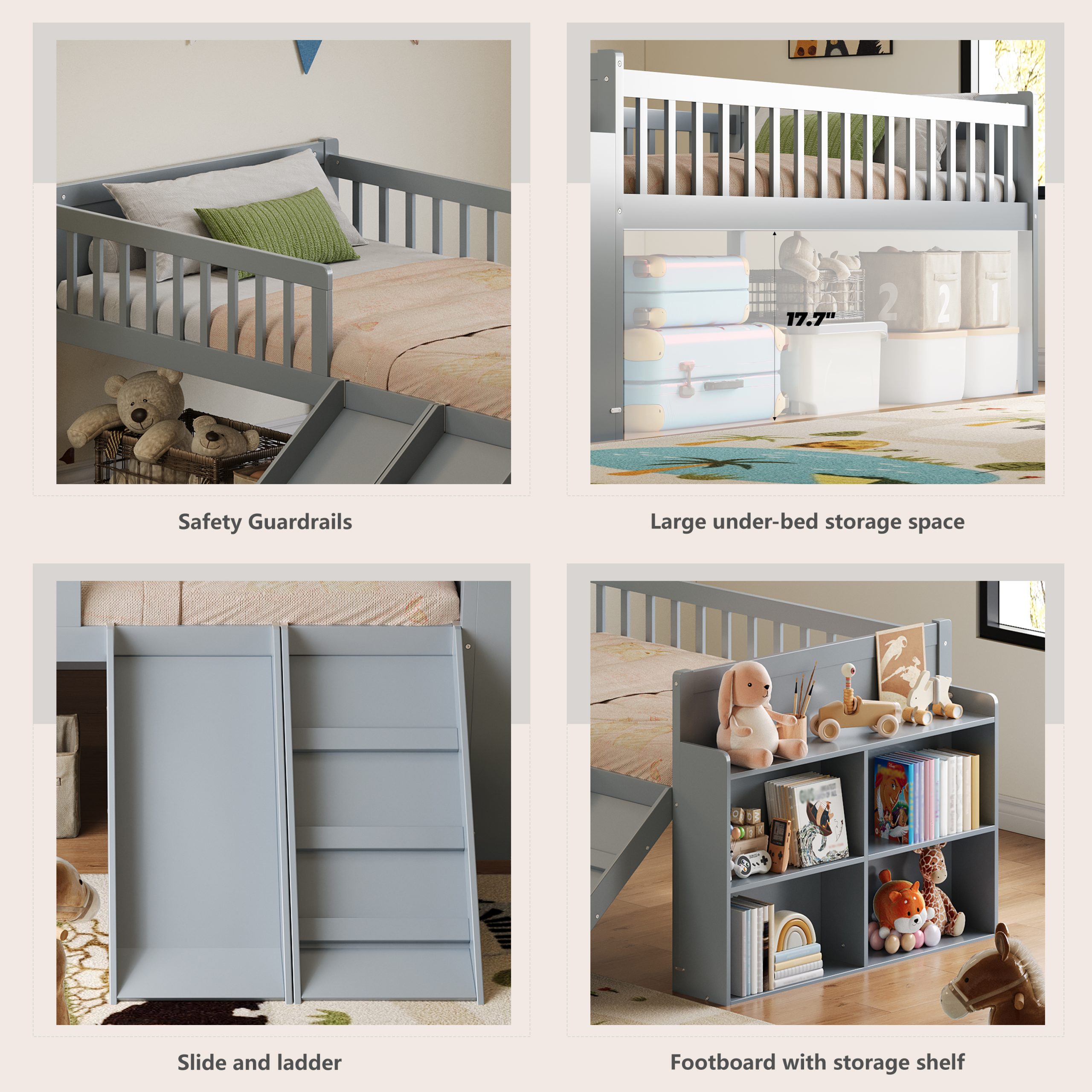Twin Bed Frame with Storage Shelf, Wooden Bed Frame with Slide and Ladder,Platform Twin Size Bed with Guardrail, No Box Spring Needed, Easy Assembly, Gray - Image 6