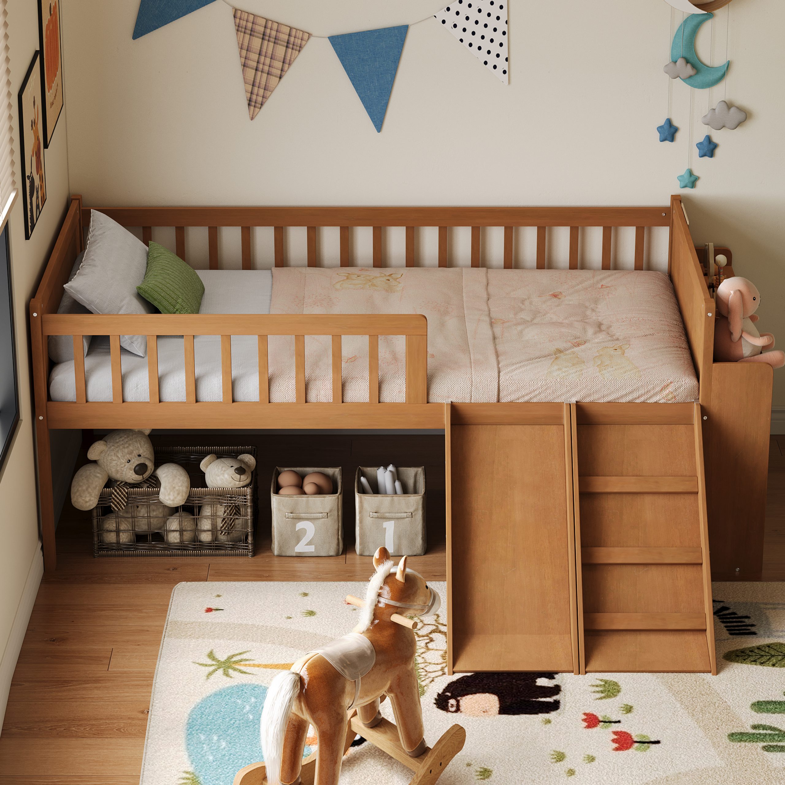 Twin Bed Frame with Storage Shelf, Wooden Bed Frame with Slide and Ladder,Platform Twin Size Bed with Guardrail, No Box Spring Needed, Easy Assembly, Light Walnut - Image 2
