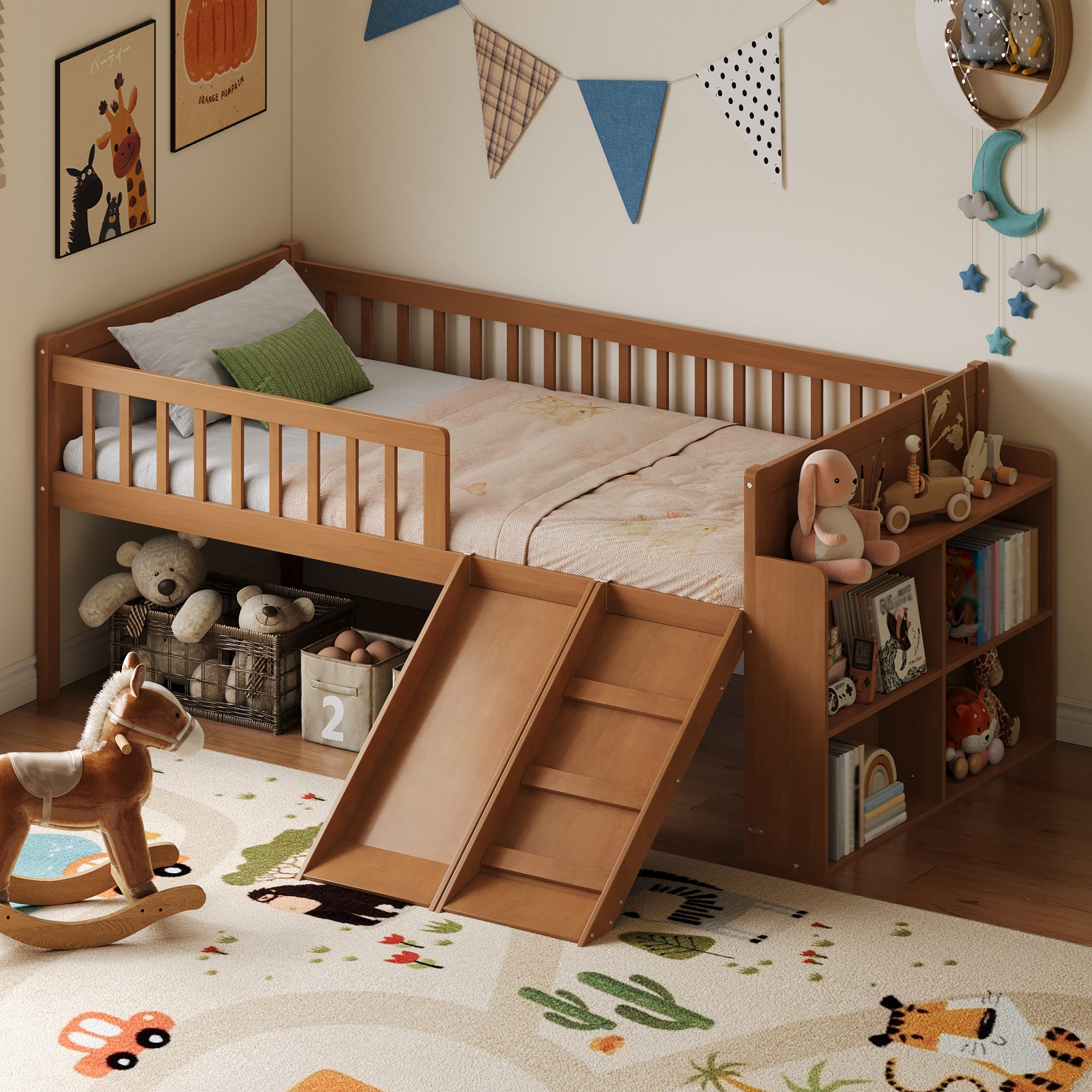 Twin Bed Frame with Storage Shelf, Wooden Bed Frame with Slide and Ladder,Platform Twin Size Bed with Guardrail, No Box Spring Needed, Easy Assembly, Light Walnut - Image 3