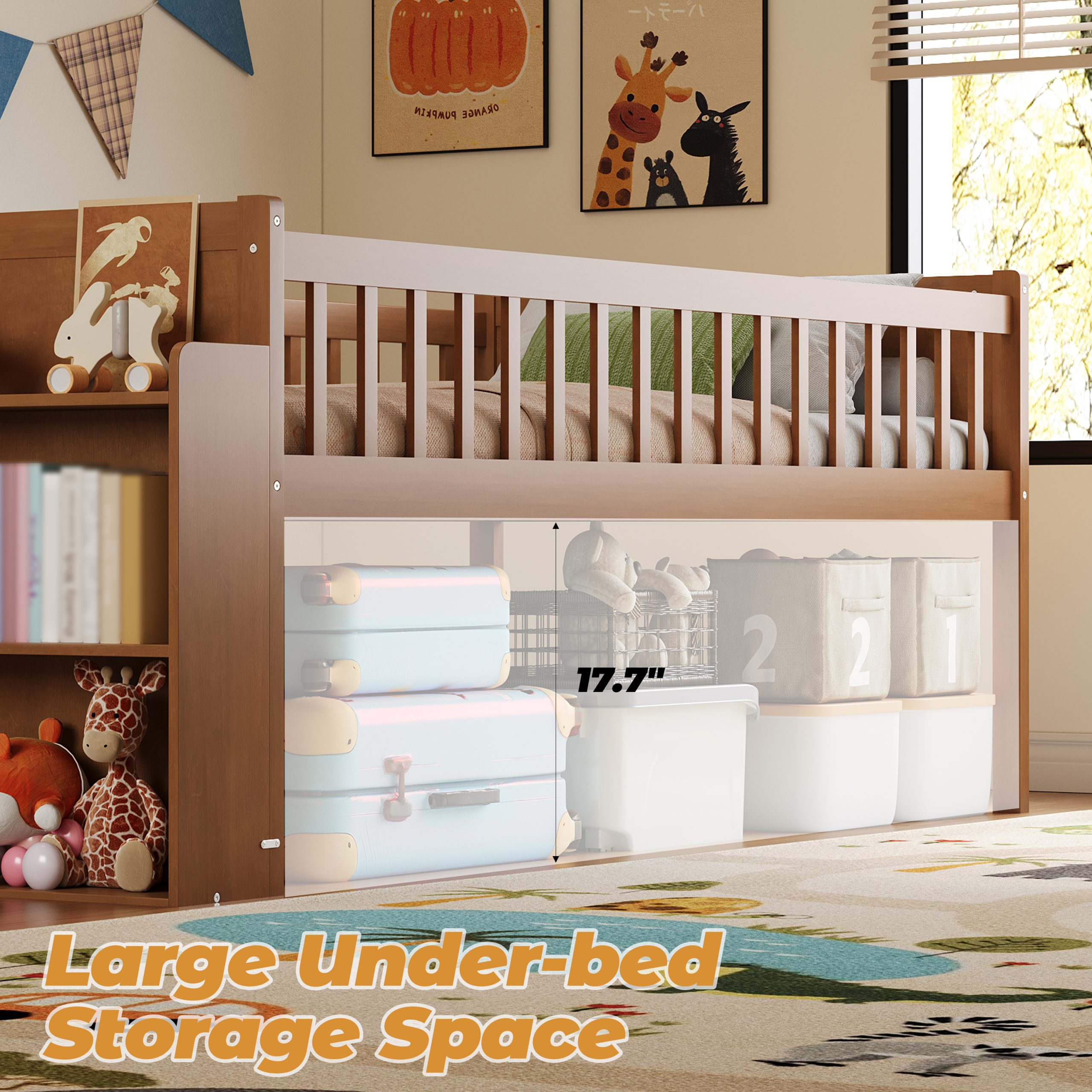 Twin Bed Frame with Storage Shelf, Wooden Bed Frame with Slide and Ladder,Platform Twin Size Bed with Guardrail, No Box Spring Needed, Easy Assembly, Light Walnut - Image 5
