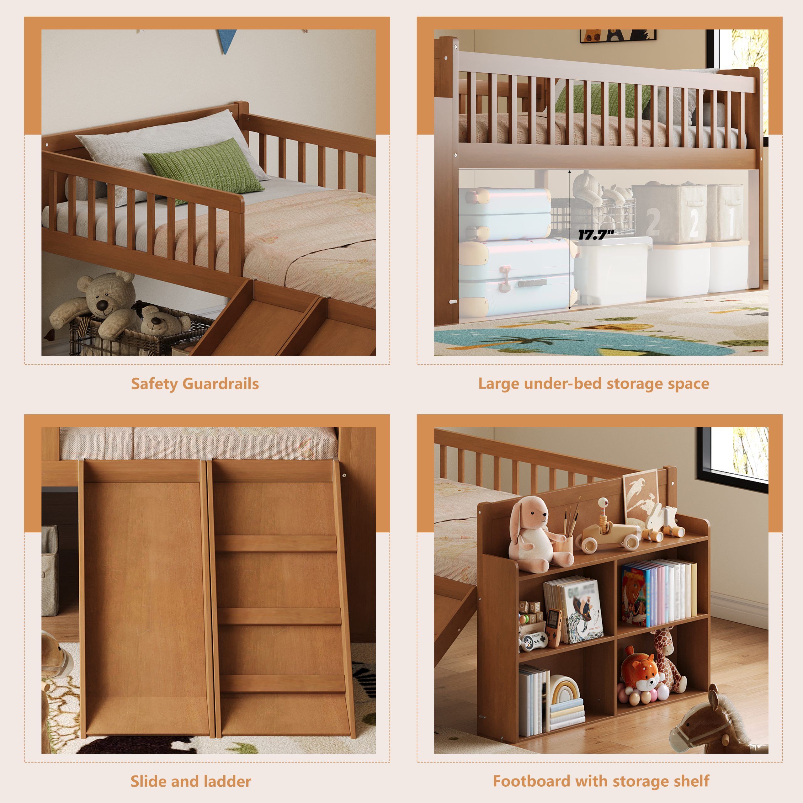 Twin Bed Frame with Storage Shelf, Wooden Bed Frame with Slide and Ladder,Platform Twin Size Bed with Guardrail, No Box Spring Needed, Easy Assembly, Light Walnut - Image 6
