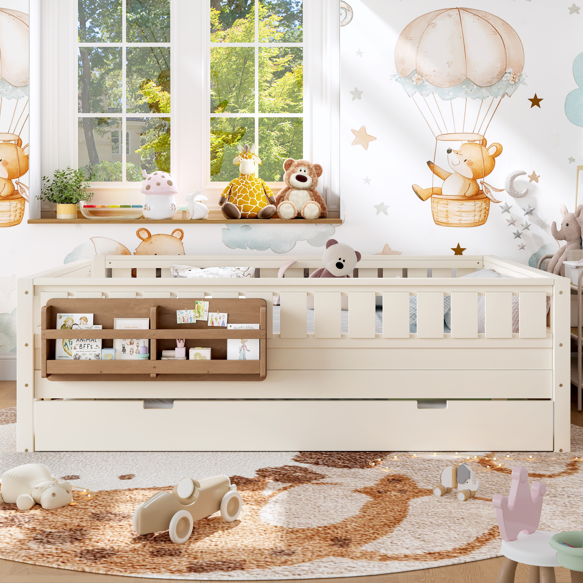 Queen with built-in bookshelves and small staircase, high-quality safety rails, and Trundle,Beige - Image 2
