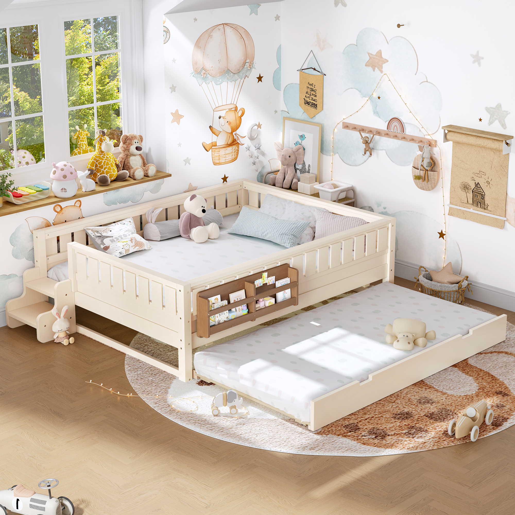 Queen with built-in bookshelves and small staircase, high-quality safety rails, and Trundle,Beige - Image 3