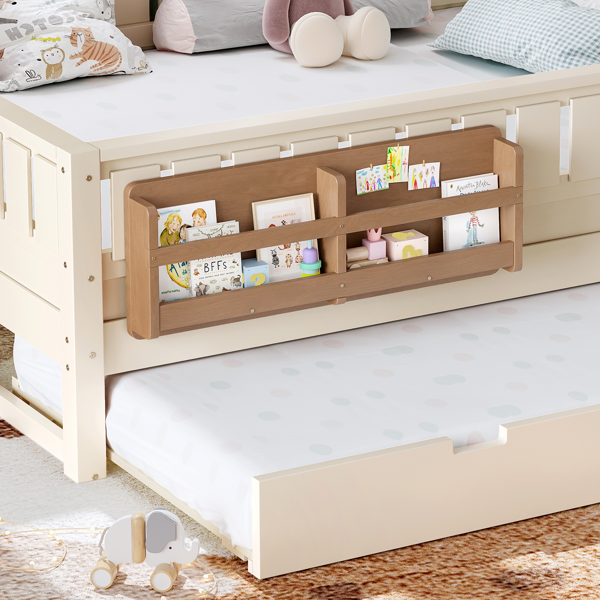 Queen with built-in bookshelves and small staircase, high-quality safety rails, and Trundle,Beige - Image 4