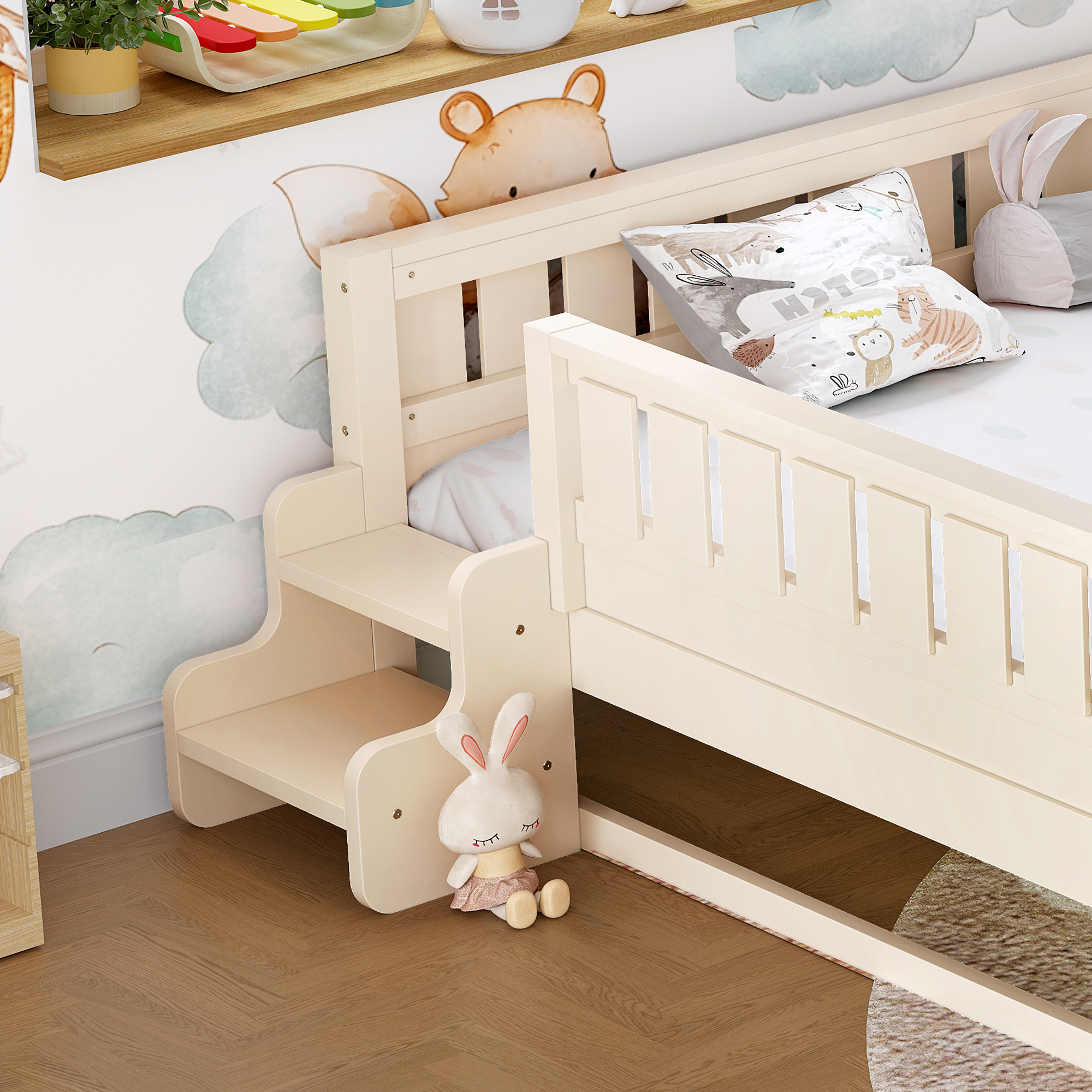 Queen with built-in bookshelves and small staircase, high-quality safety rails, and Trundle,Beige - Image 5
