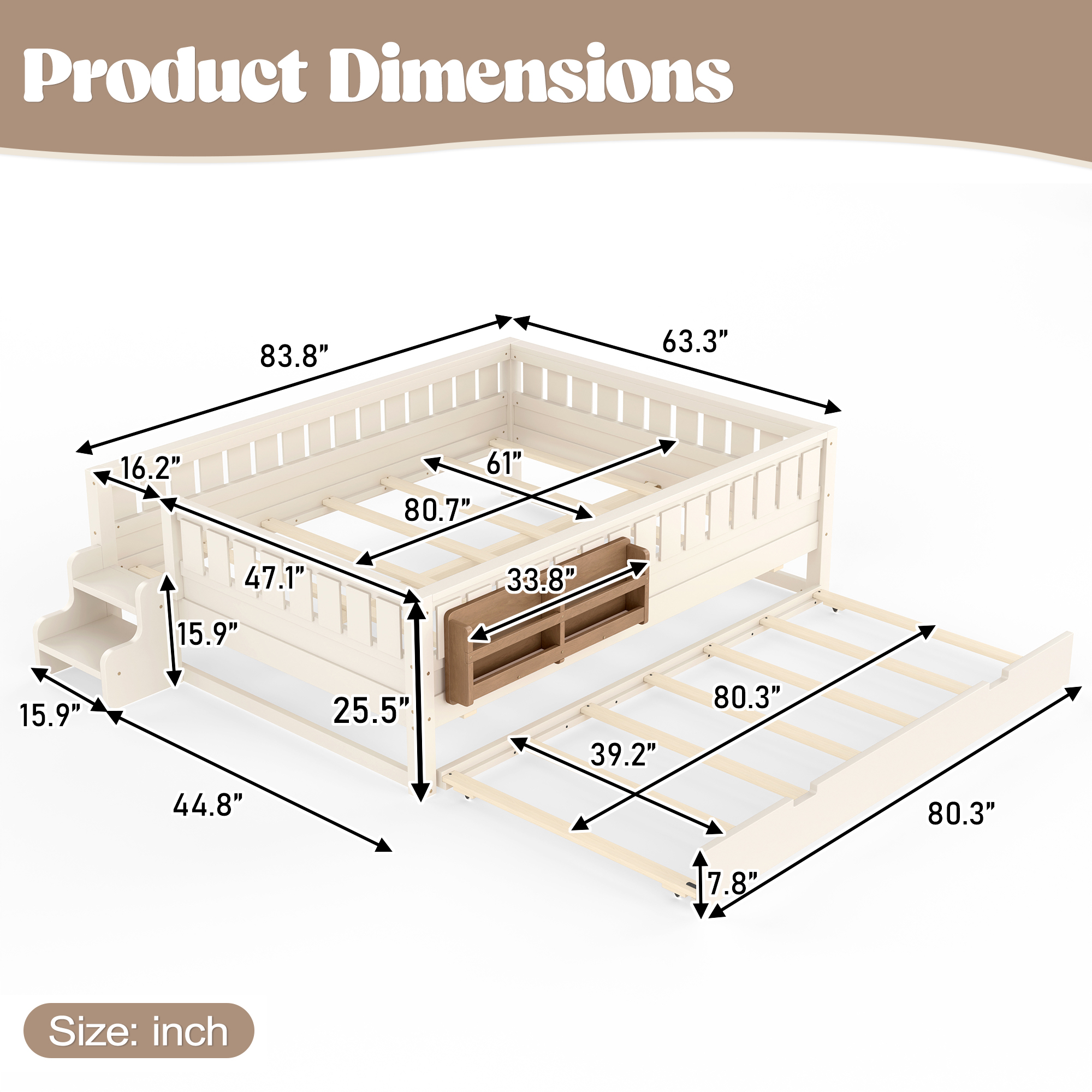 Queen with built-in bookshelves and small staircase, high-quality safety rails, and Trundle,Beige - Image 6
