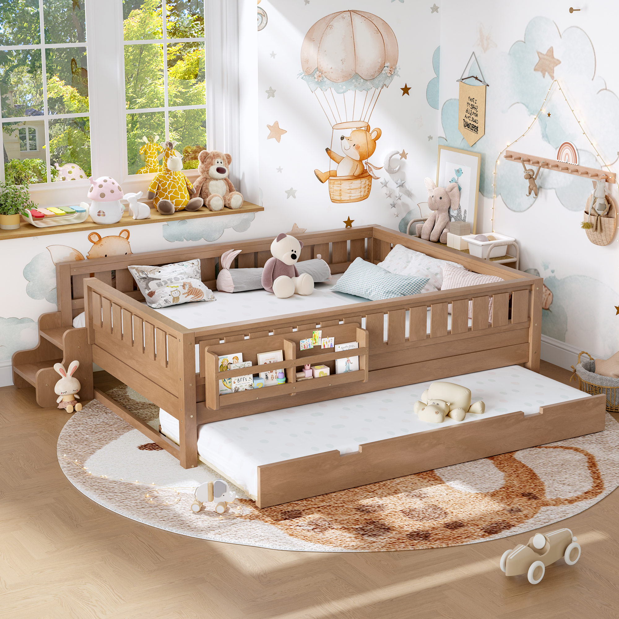 Queen with built-in bookshelves and small staircase, high-quality safety rails, and Trundle,Natural - Image 1