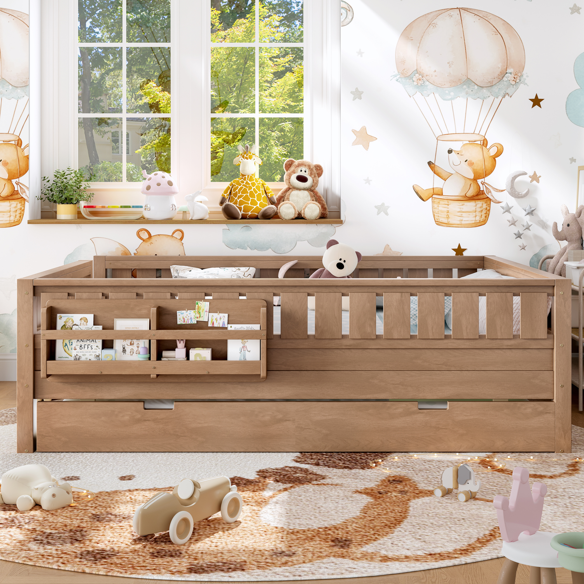 Queen with built-in bookshelves and small staircase, high-quality safety rails, and Trundle,Natural - Image 2