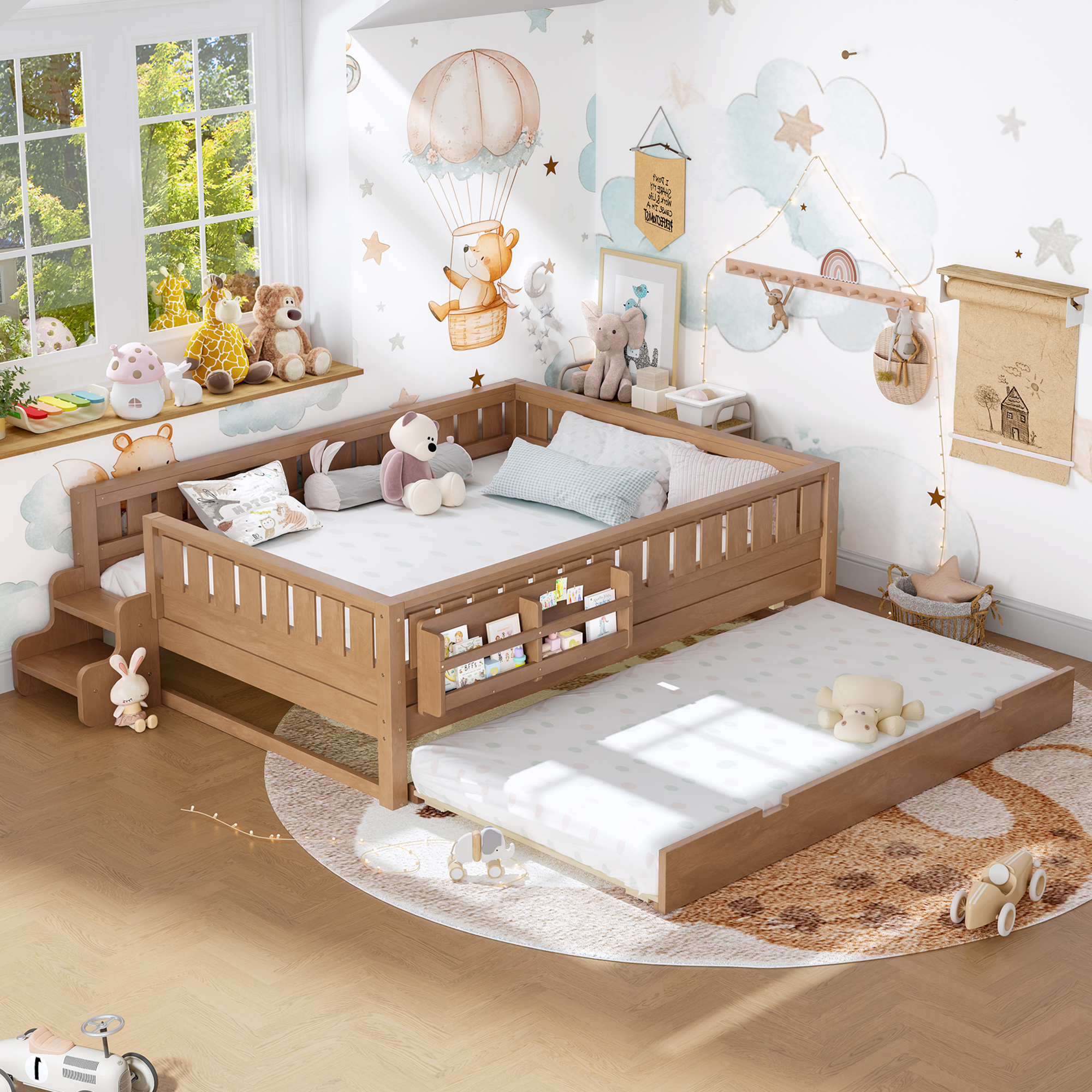 Queen with built-in bookshelves and small staircase, high-quality safety rails, and Trundle,Natural - Image 3