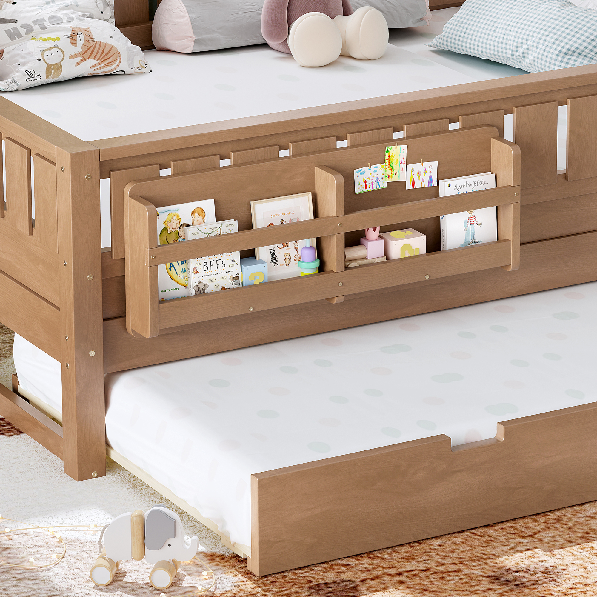 Queen with built-in bookshelves and small staircase, high-quality safety rails, and Trundle,Natural - Image 4
